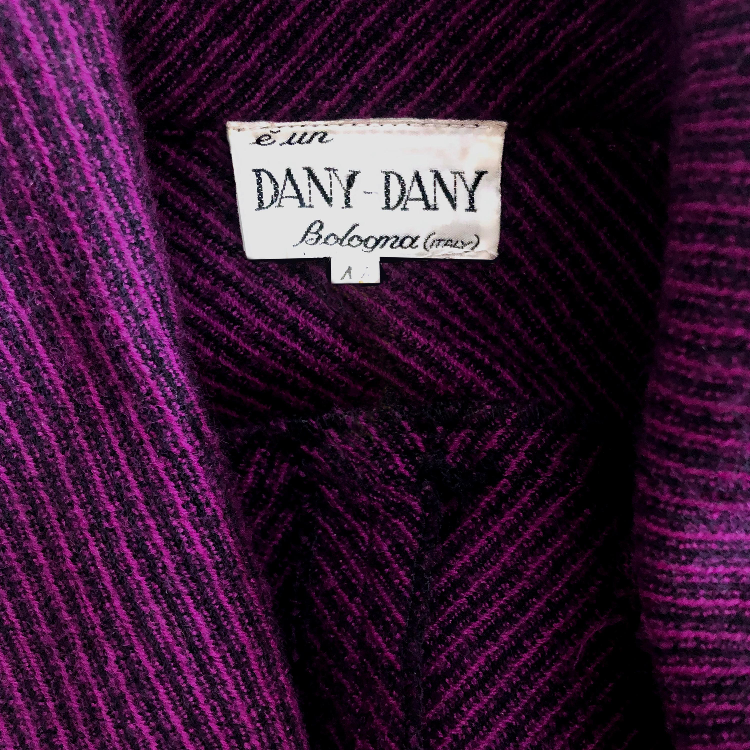 1950s Vintage Jumpsuit - Purple & Black Striped Wool + Black Velvet Details For Sale 2