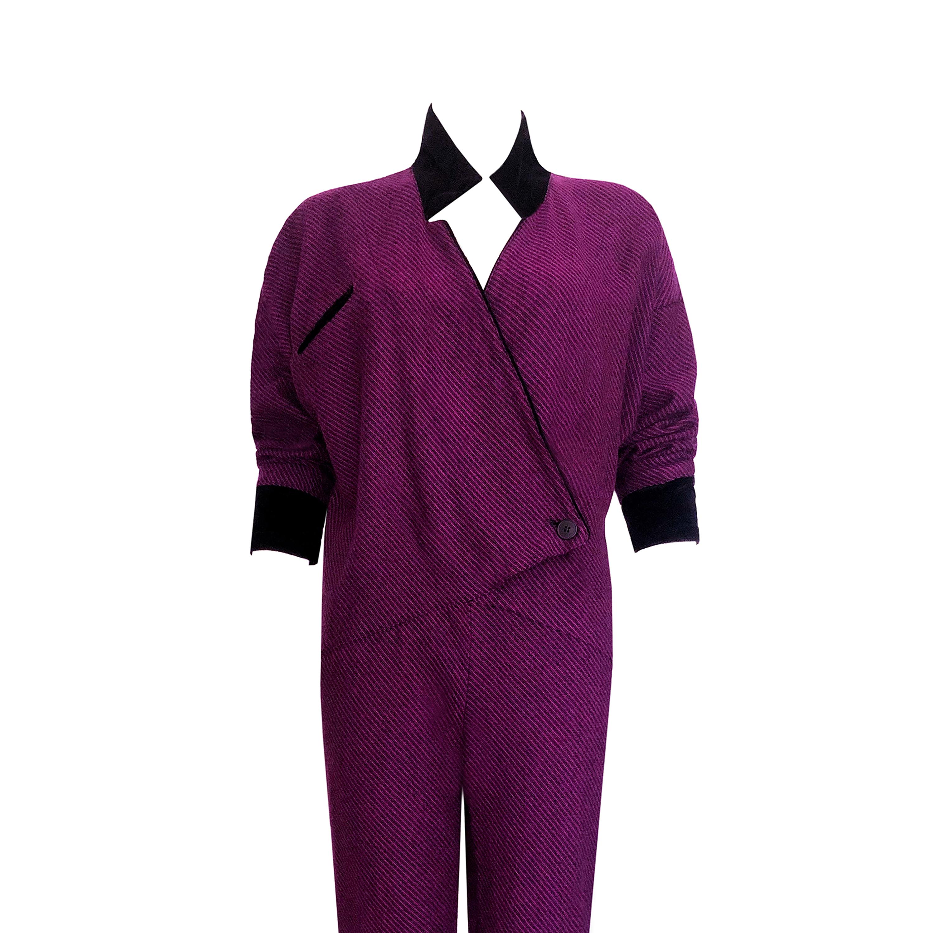 1950s Vintage Jumpsuit - Purple & Black Striped Wool + Black Velvet Details For Sale 4