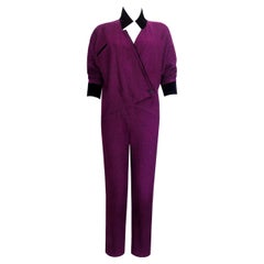 1950s Vintage Jumpsuit - Purple & Black Striped Wool + Black Velvet Details