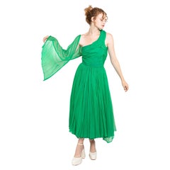 1950's Vintage Kelly Green Silk Chiffon Cocktail Dress