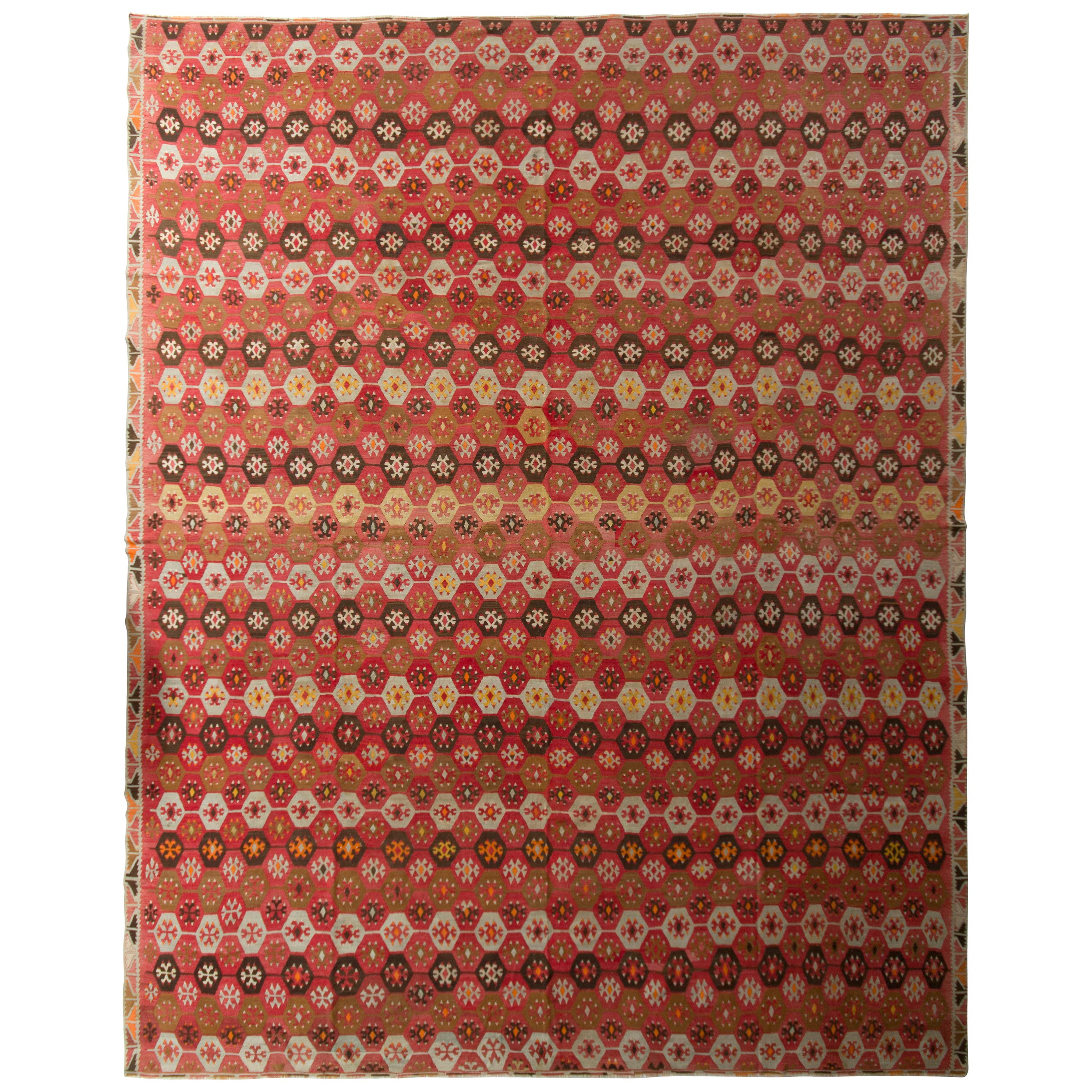 1950s Vintage Kilim Rug Geometric Red and Brown Midcentury Sarkisla Pattern For Sale