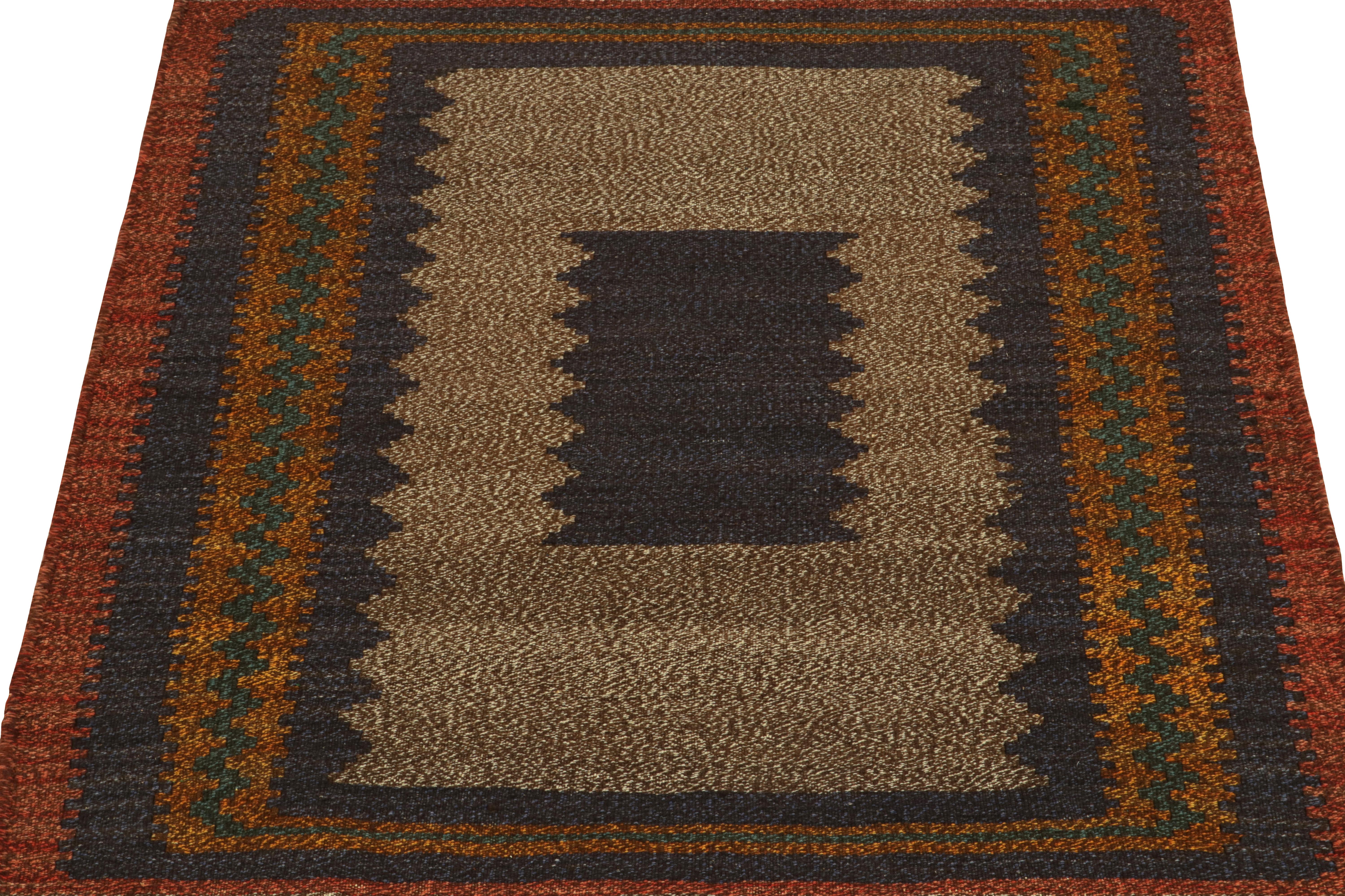 Handwoven in wool circa 1980-1990, from a rare vintage curation of small-sized Sofreh Kilim pieces joining our classic collections. Distinguished among similar Persian flat weaves in durability, 3x4 size, and progressive colorways among many