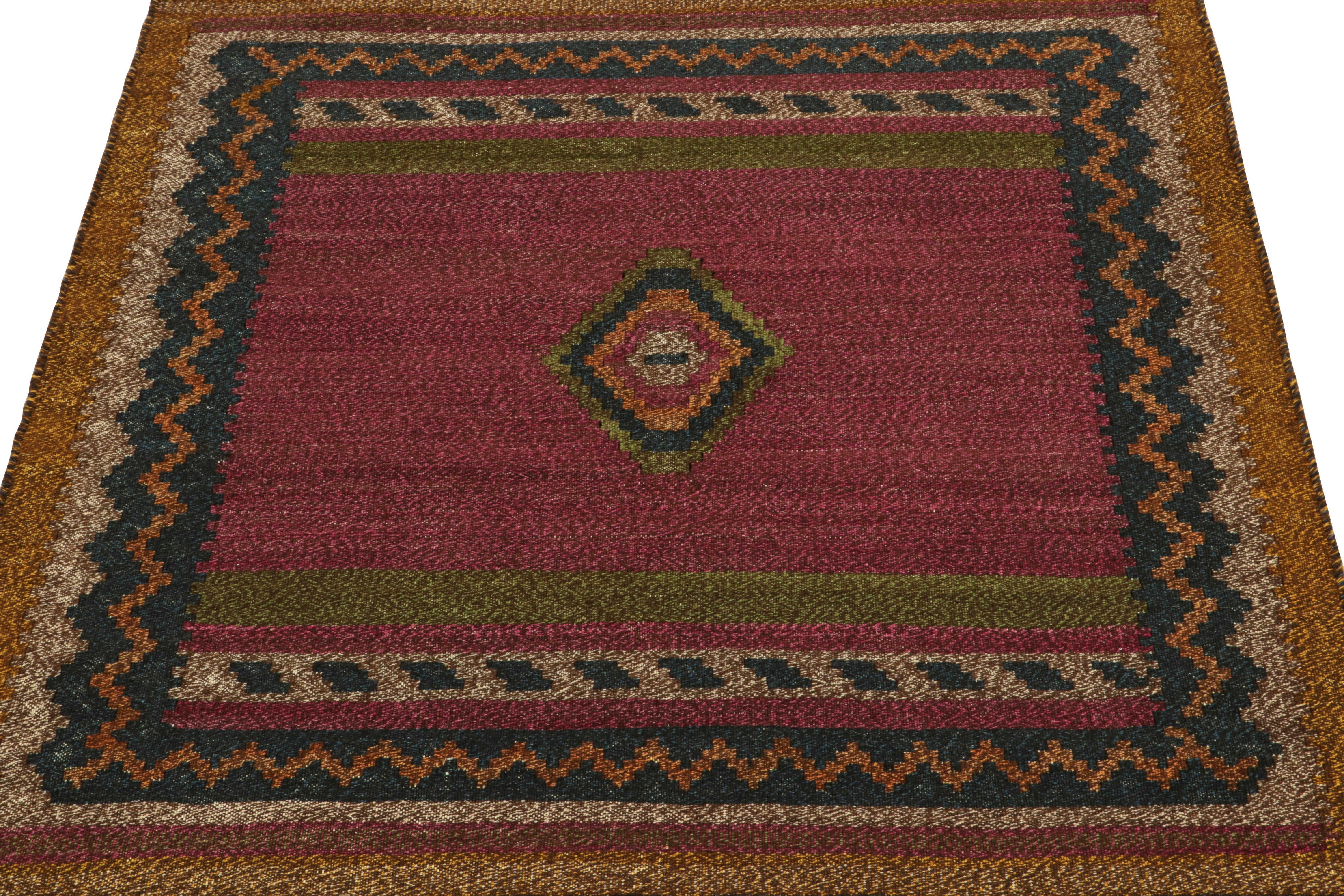 Originating circa 1980-1990, a rare vintage curation of small-sized Persian Sofreh Kilims our principal has newly acquired. Distinguished for both its square 4x4 scatter rug size and its durability among flat weaves of the period. 

This