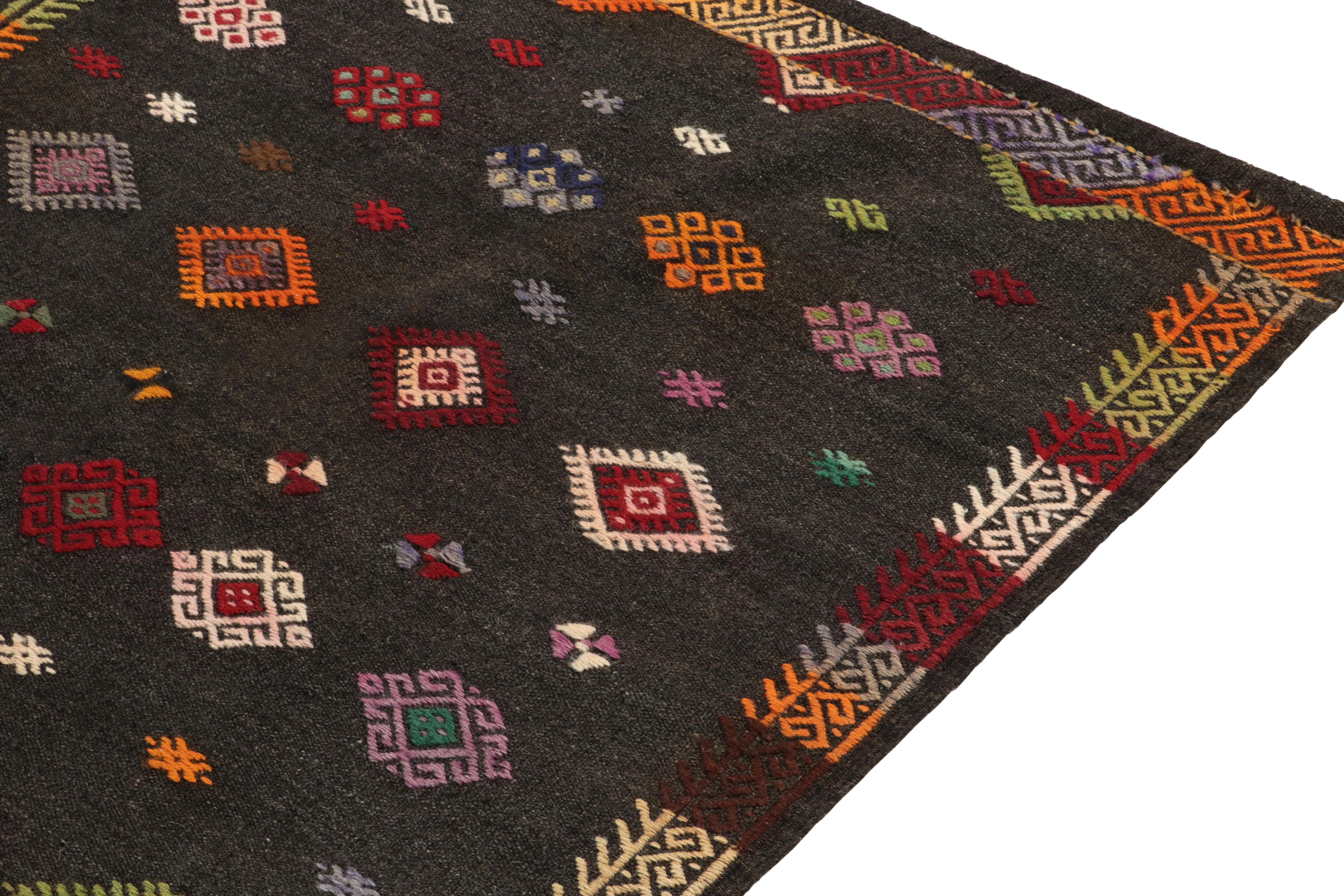 1950s Vintage Kilim Rug in Gray-Brown, Multicolor Geometric Patterns In Good Condition In Long Island City, NY