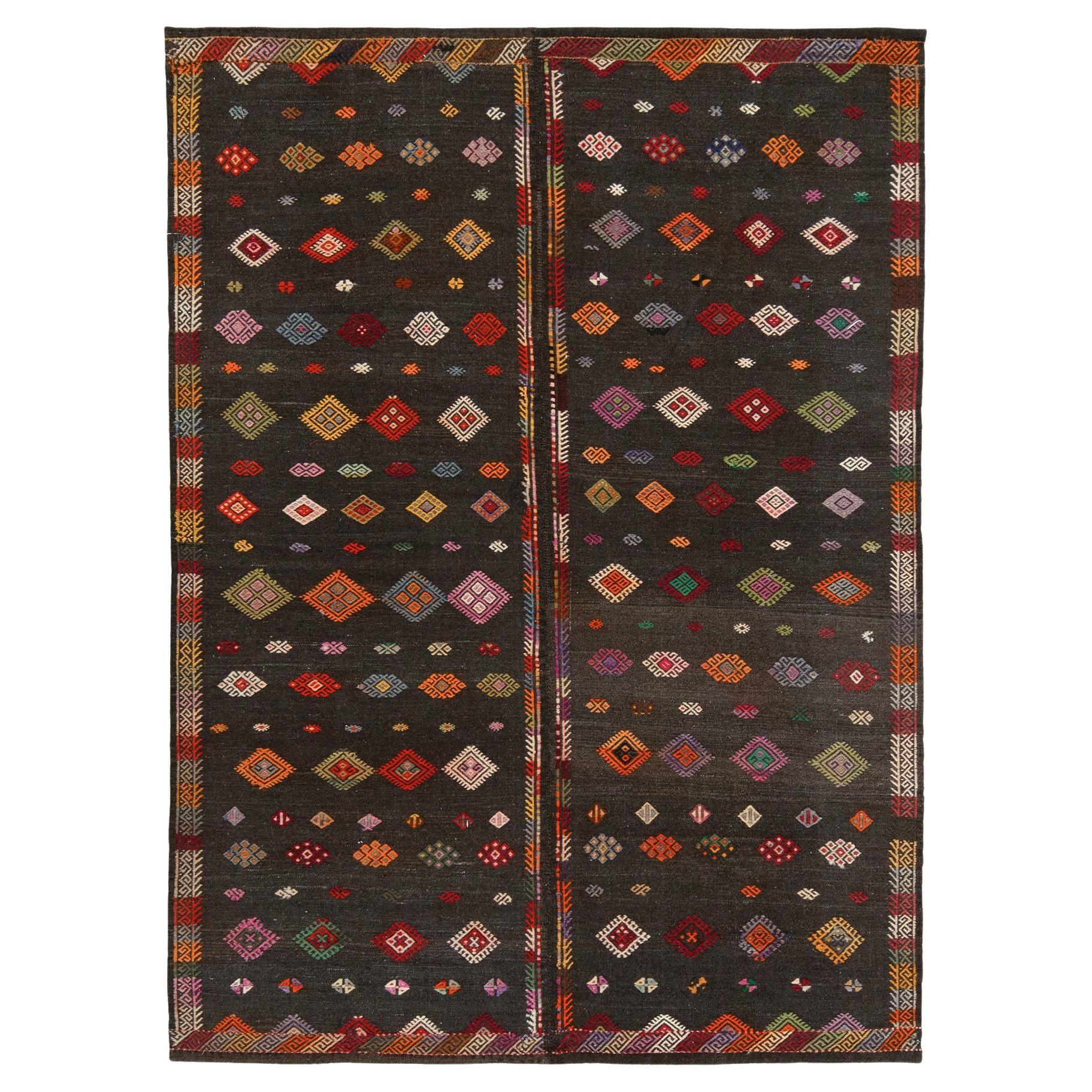 1950s Vintage Kilim Rug in Gray-Brown, Multicolor Geometric Patterns