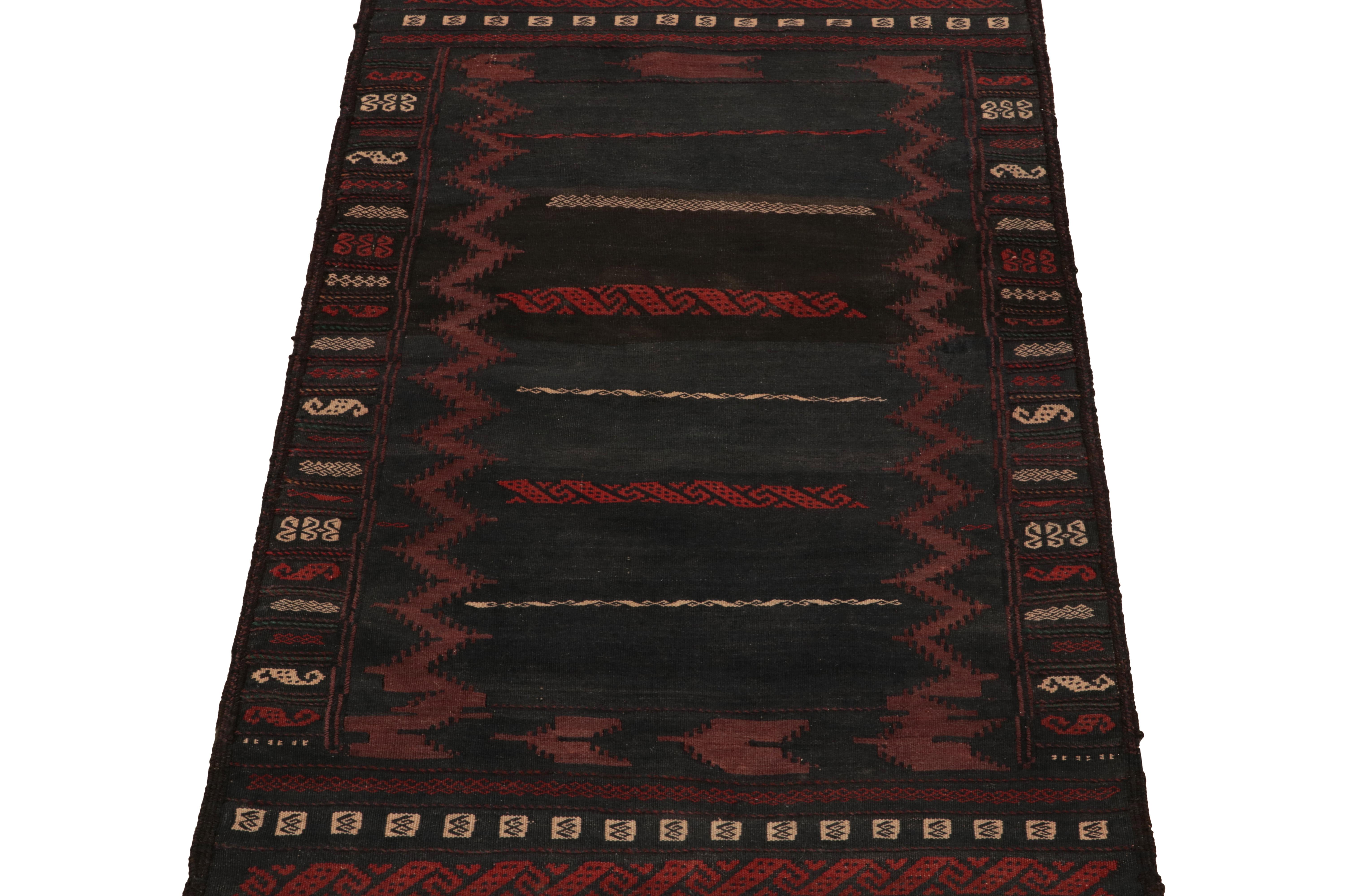 Originating from Turkey circa 1950-1960, a rare mid-century curation of small-sized kilim rugs our principal has acquired lately. 

Distinguished for both its size and progressive colorways among flat weaves of the 1950s, the piece carries a