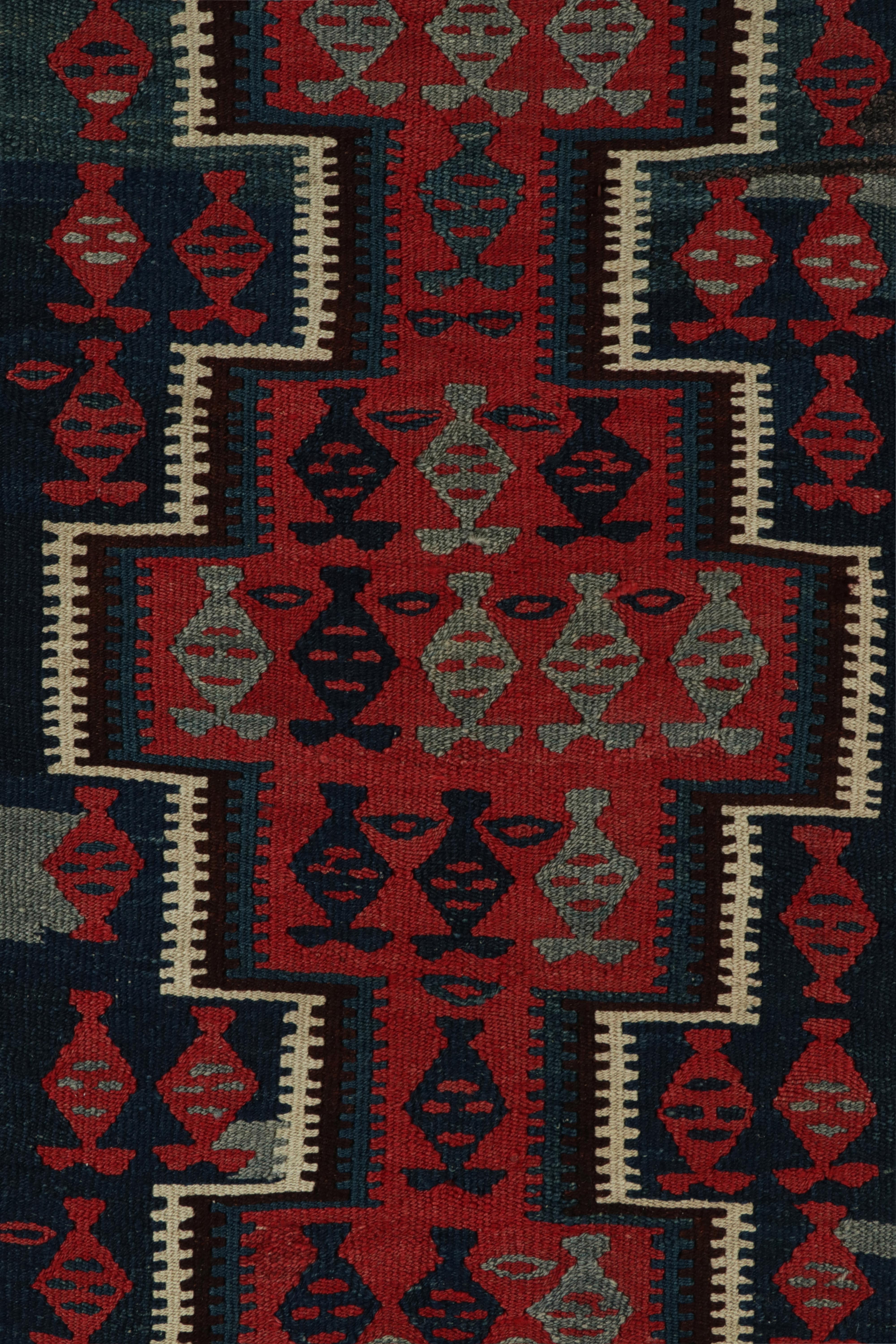 Hand-Knotted 1950s Vintage Kilim rug in Red, Blue and Brown Geometric Patterns by Rug & Kilim For Sale