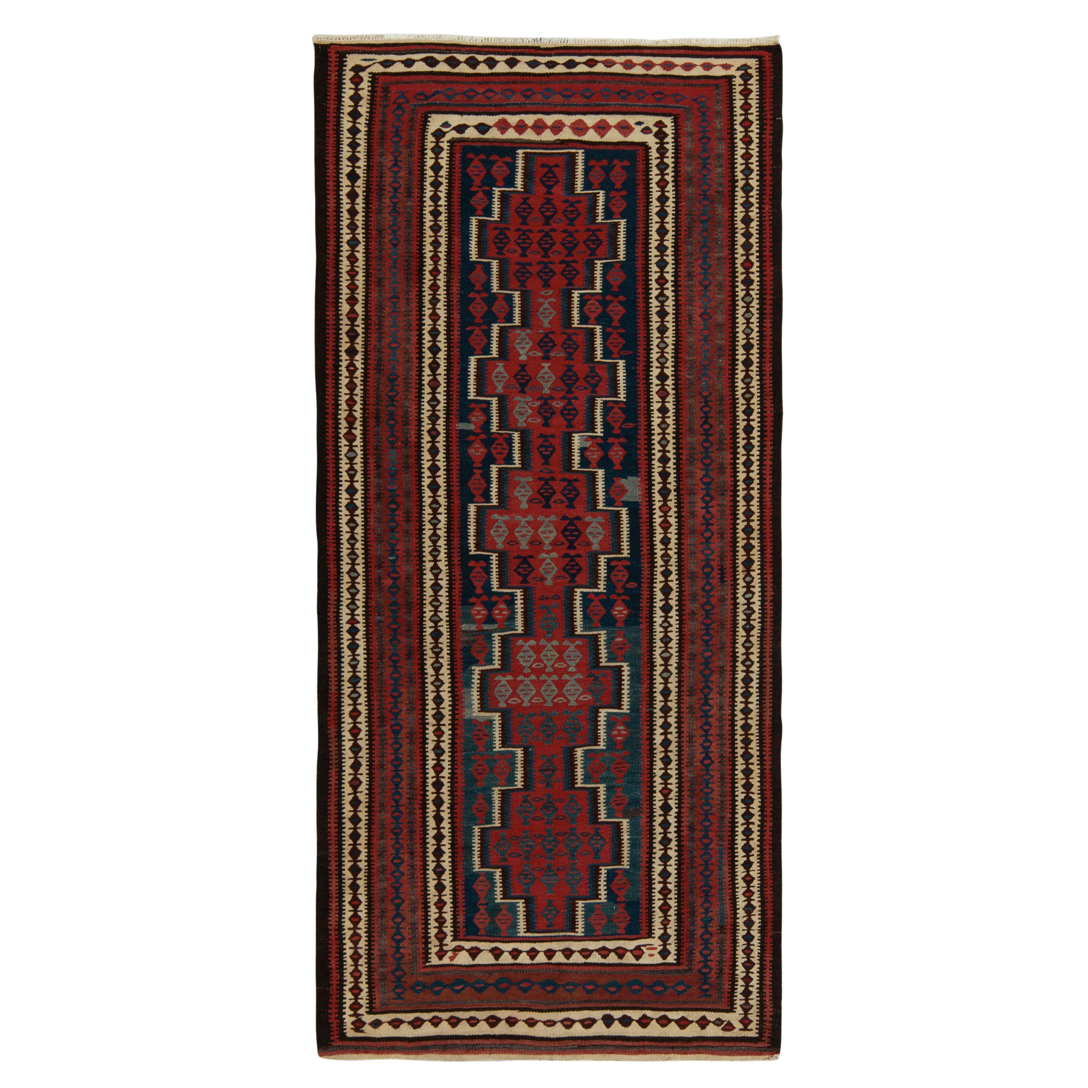 1950s Vintage Kilim rug in Red, Blue and Brown Geometric Patterns by Rug & Kilim For Sale