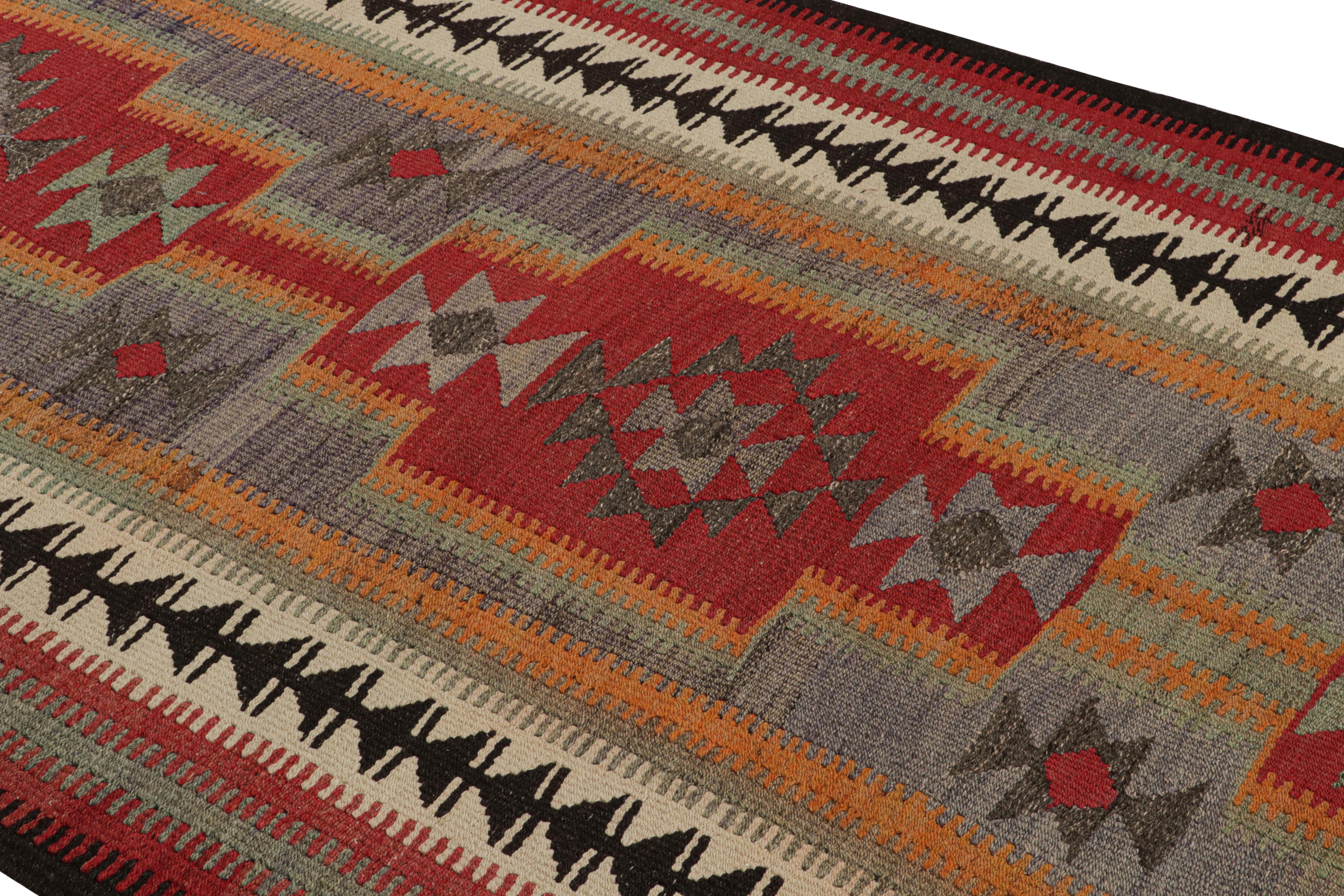 Hailing from Persia circa 1950-1960, a Kurdish kilim rug among the newest unveilings from our tribal flat weave curations. 

On the Design: Connoisseurs will observe a well defined geometric pattern in red, blue, yellow, black & white flawlessly