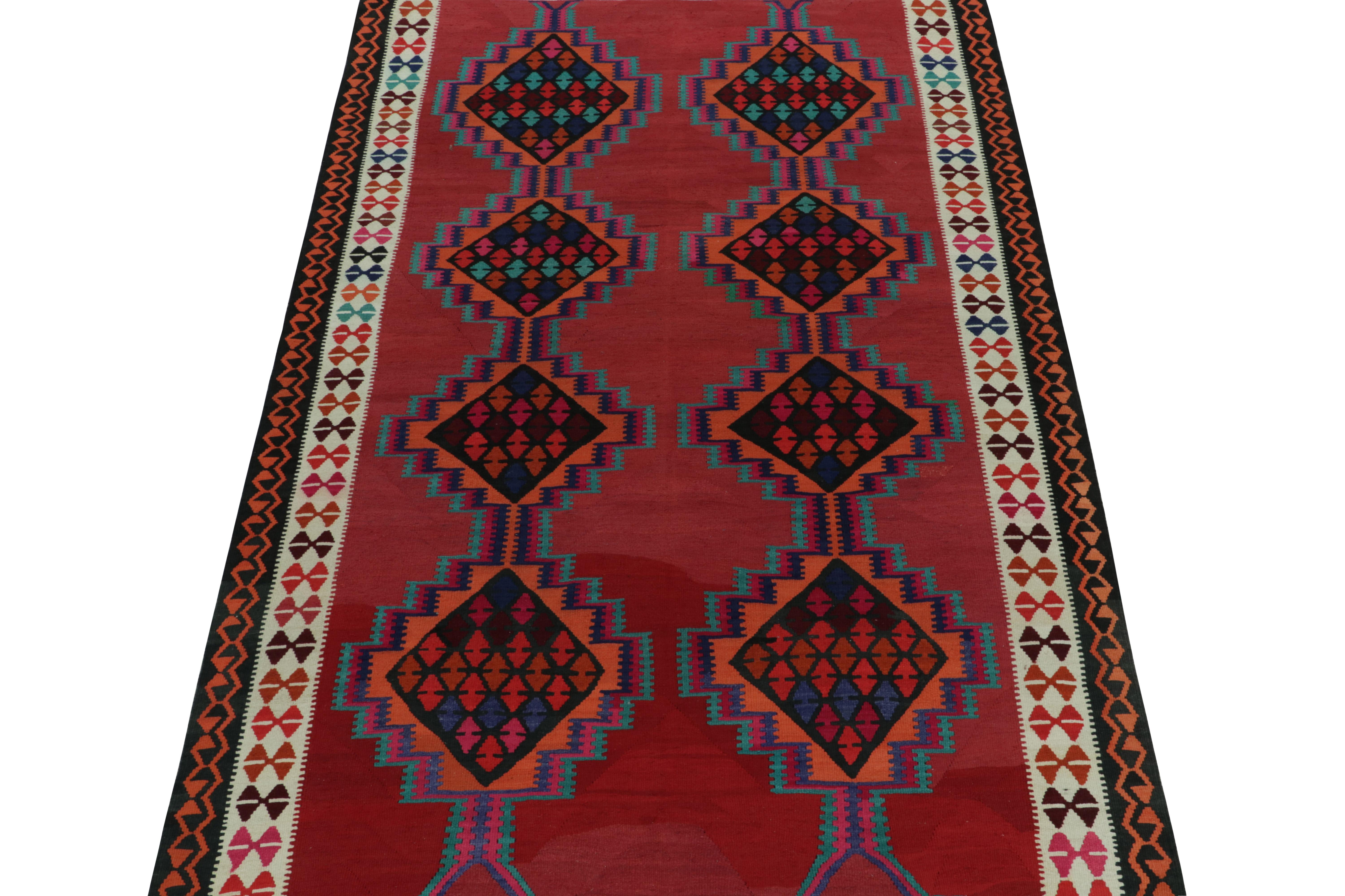 Tribal 1950s Vintage Kilim Rug in Red with Colorful Geometric Patterns by Rug & Kilim For Sale