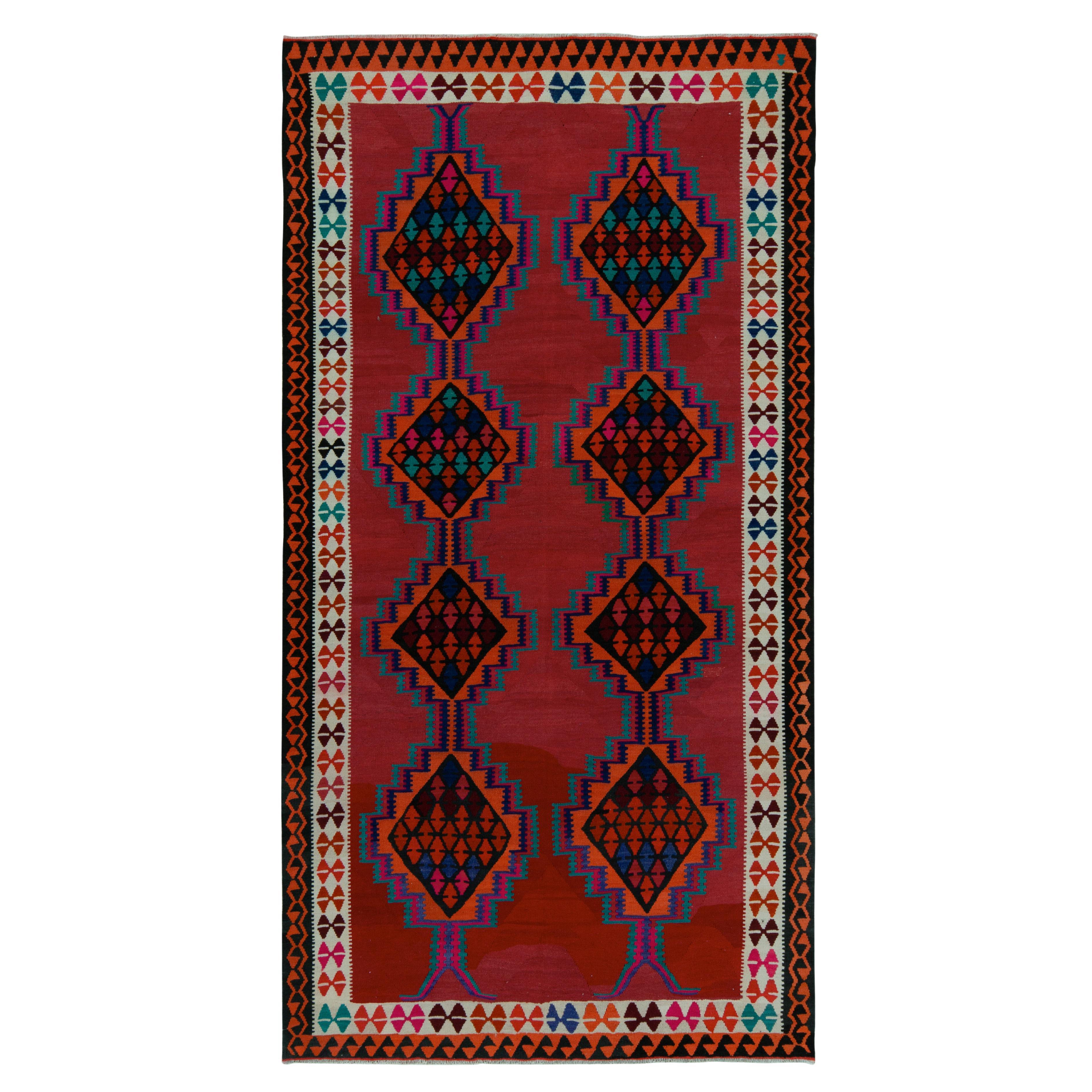 1950er Jahre Vintage-Kelim-Teppich in Rot mit bunten geometrischen Mustern von Teppich & Kelim