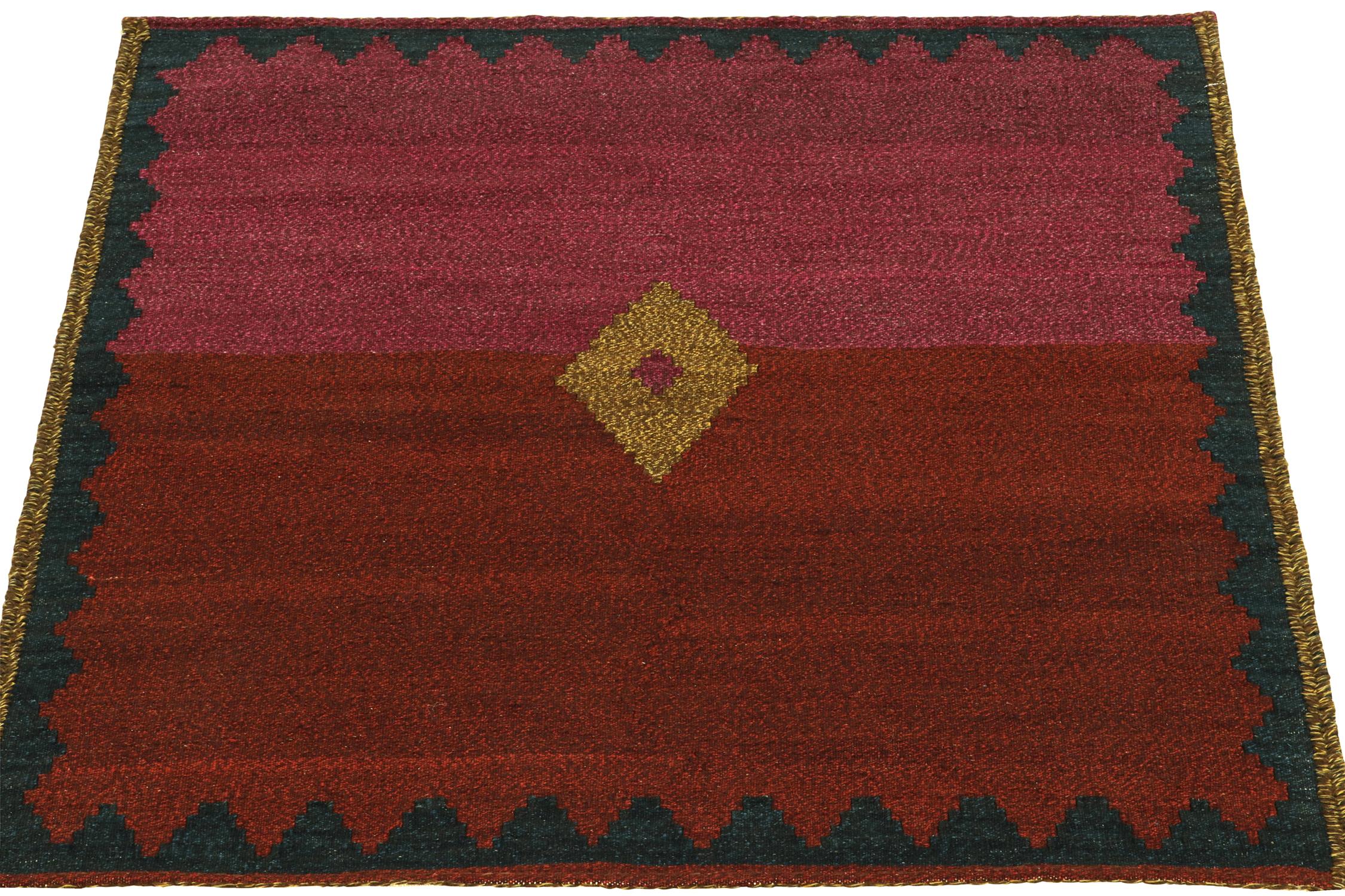 Handwoven in wool circa 1980-1990, from a rare vintage curation of small-sized Sofreh Kilim pieces now joining our classic collection. Distinguished for its 4x4 size, rich striae of colors, and durability among Persian flat weaves of its time.