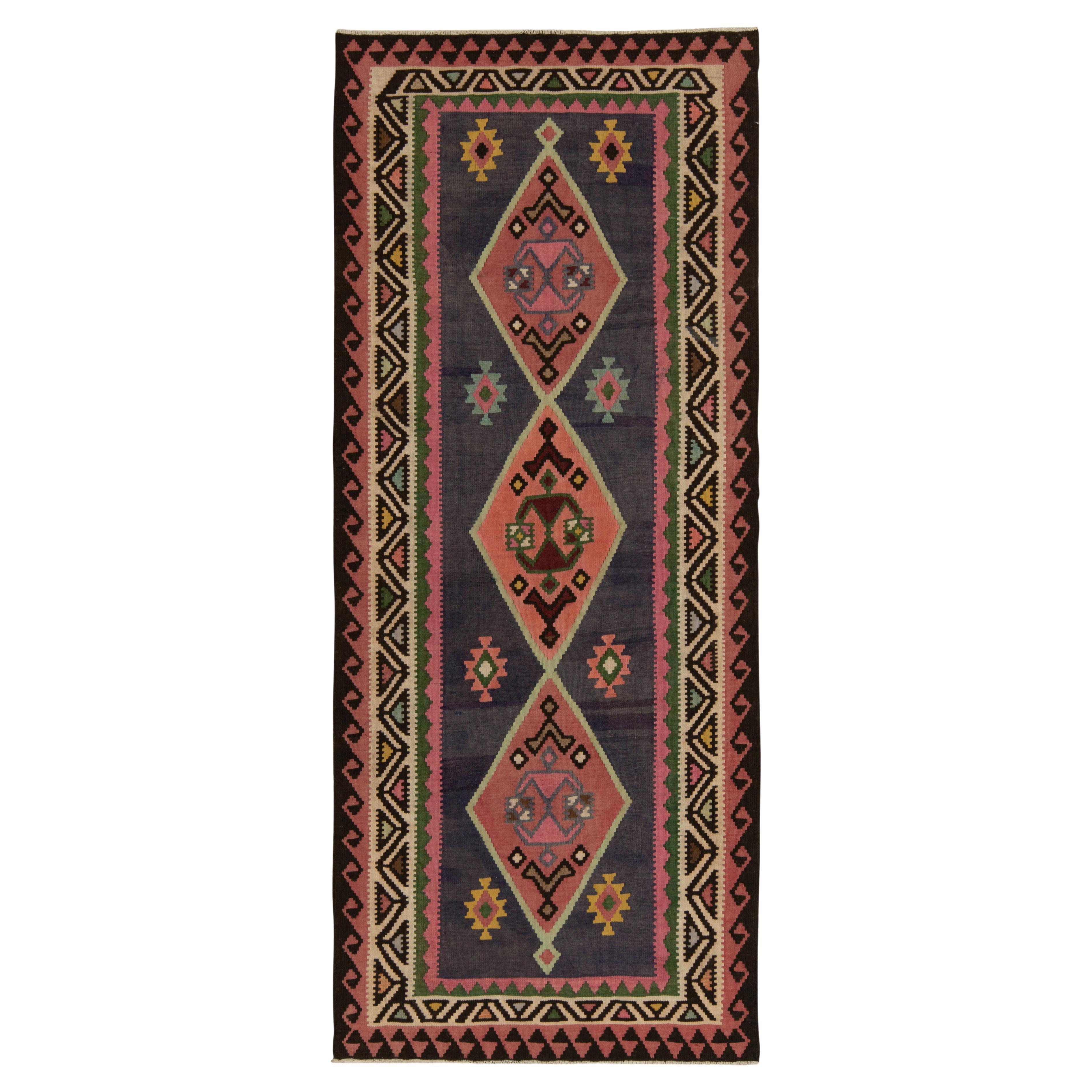 1950s Vintage Kilim rug with Pink , Vibrant Geometric Pattern by Rug & Kilim For Sale