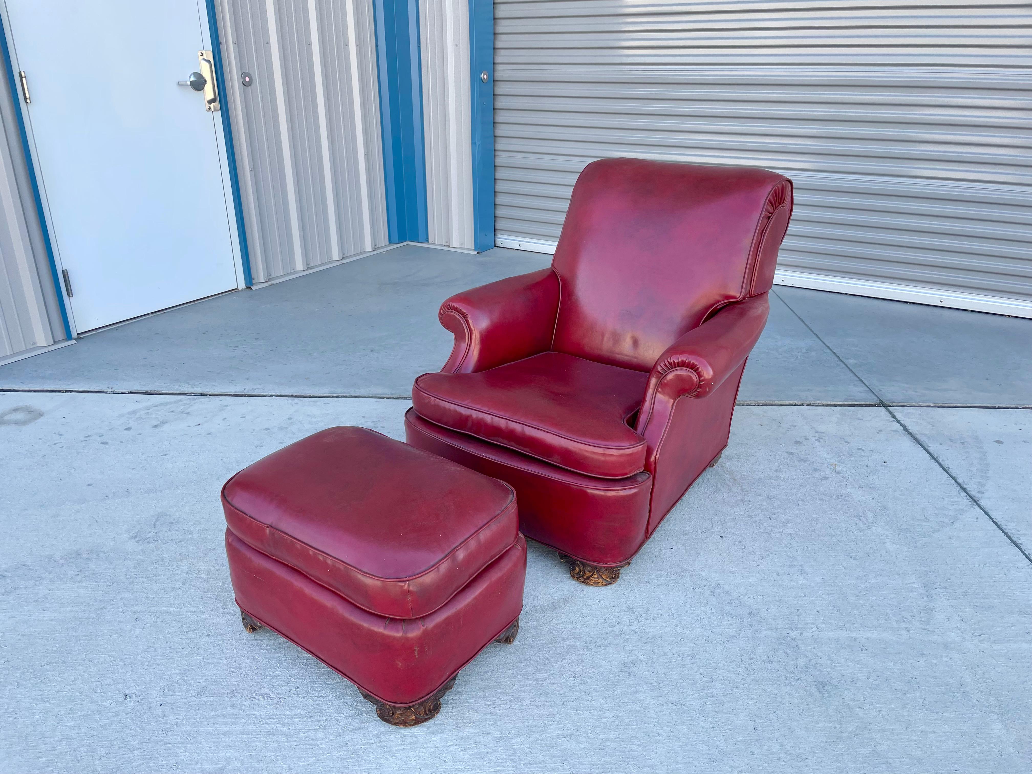 Mid-Century Modern 1950s Vintage Leather Chair & Ottoman - Set of 2 For Sale