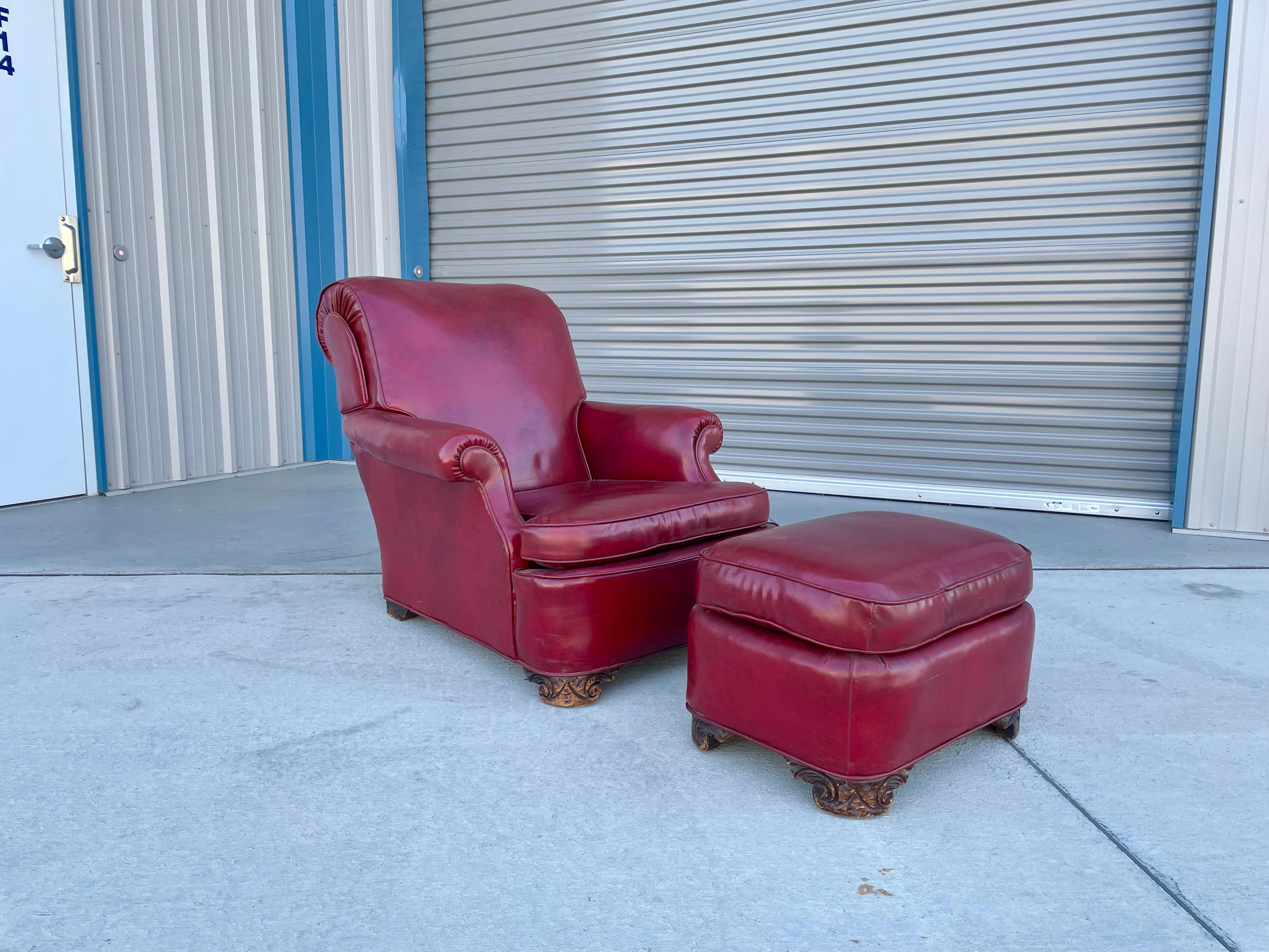 American 1950s Vintage Leather Chair & Ottoman - Set of 2 For Sale