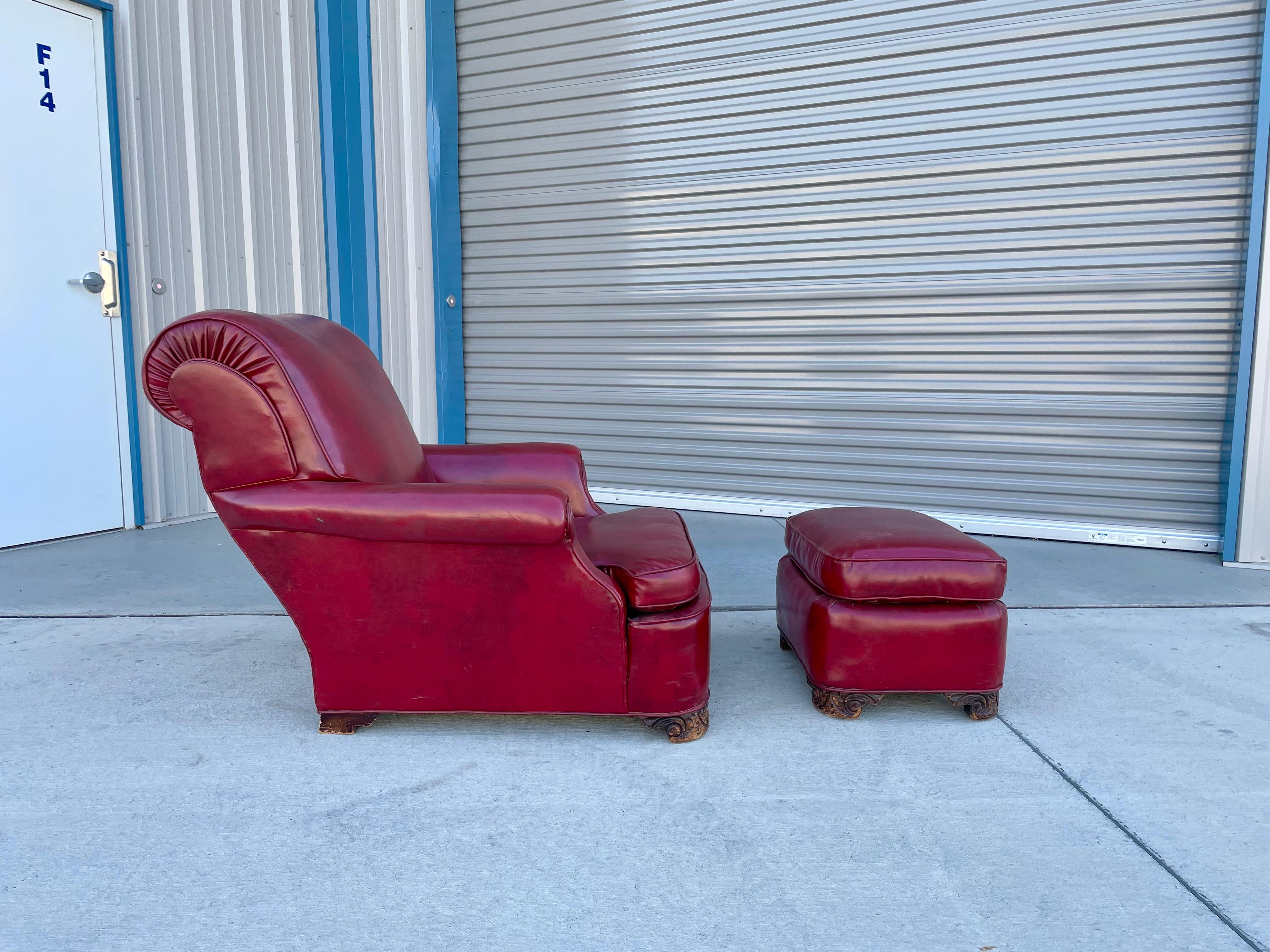 1950s Vintage Leather Chair & Ottoman - Set of 2 In Good Condition For Sale In North Hollywood, CA