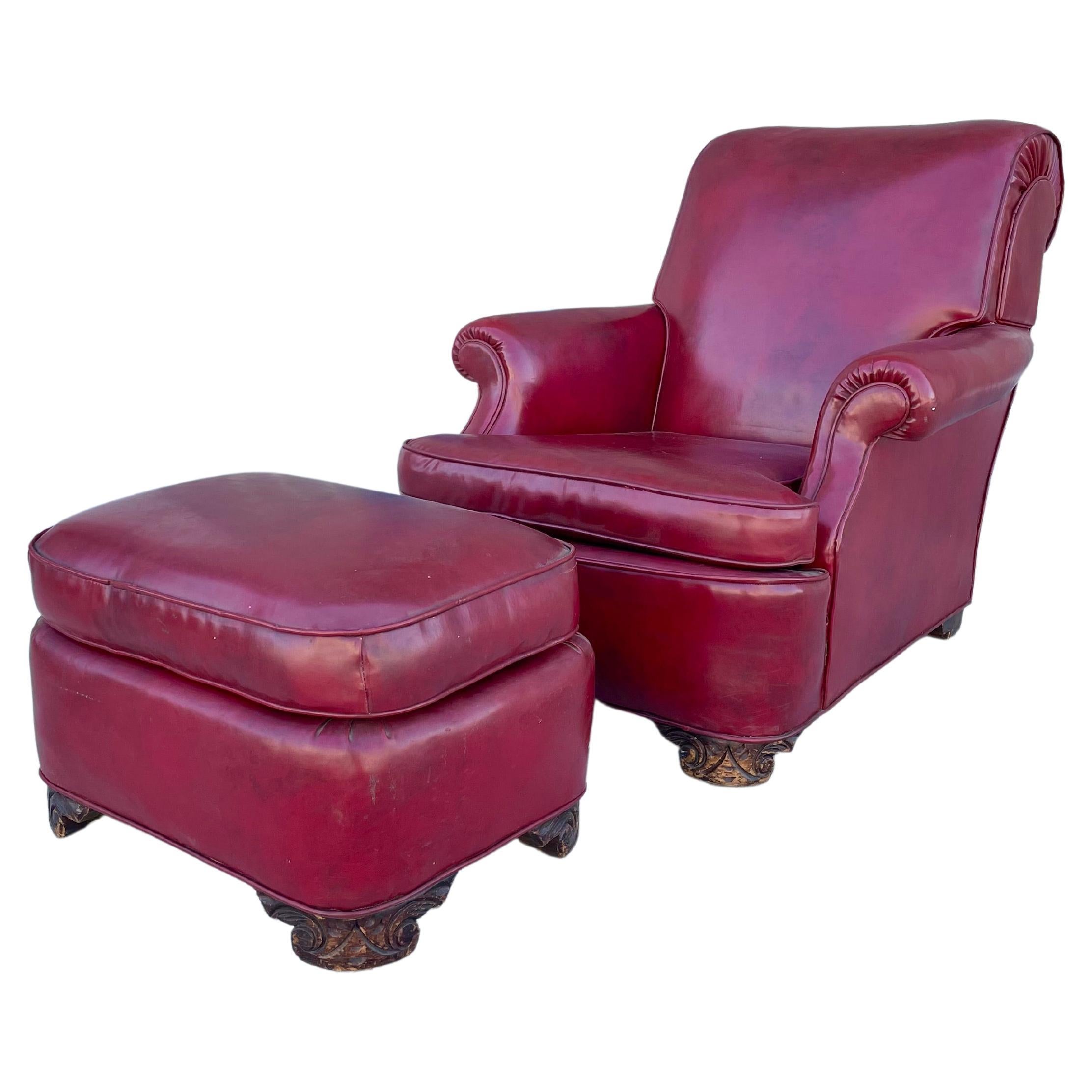 Chaise et pouf en cuir des années 1950 - Lot de 2