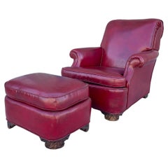 Chaise et pouf en cuir des années 1950 - Lot de 2