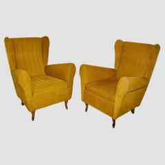 Vintage Velvet Armchair, Wood Frame, ISA Bergamo, 1950s, set of two