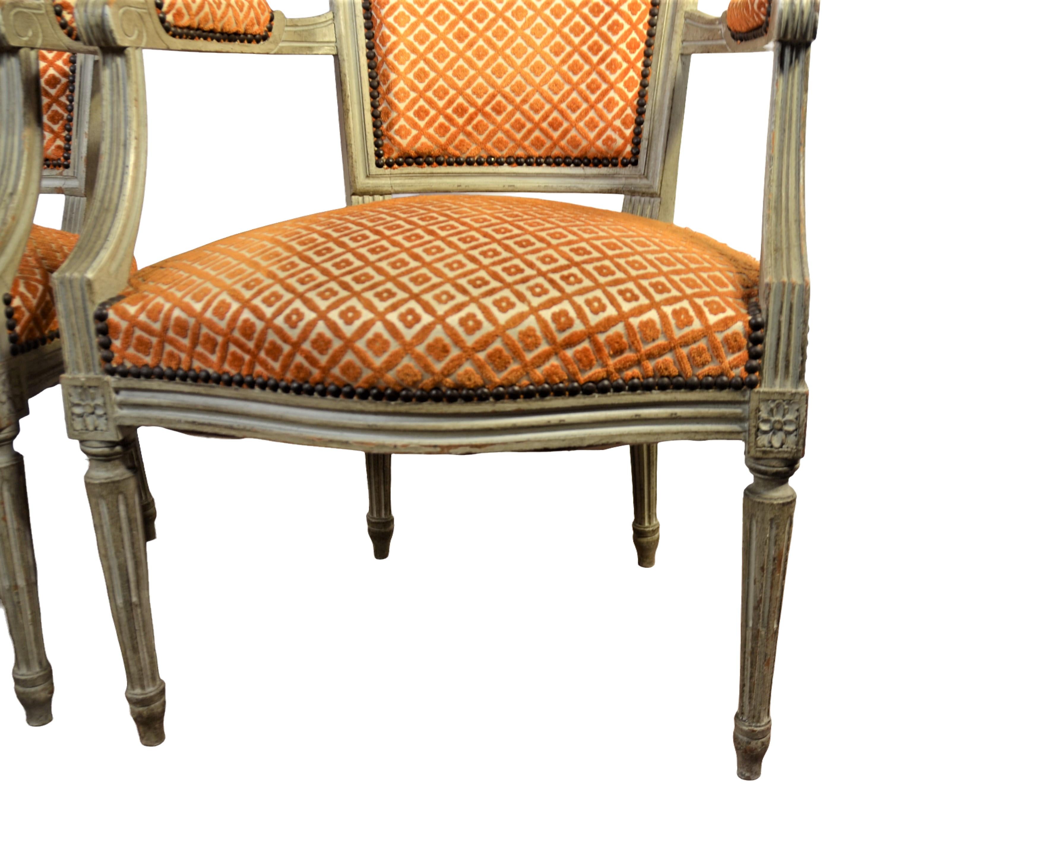 Louis xvi style pair of armchairs frames have the original light grey finish with original upholstery.