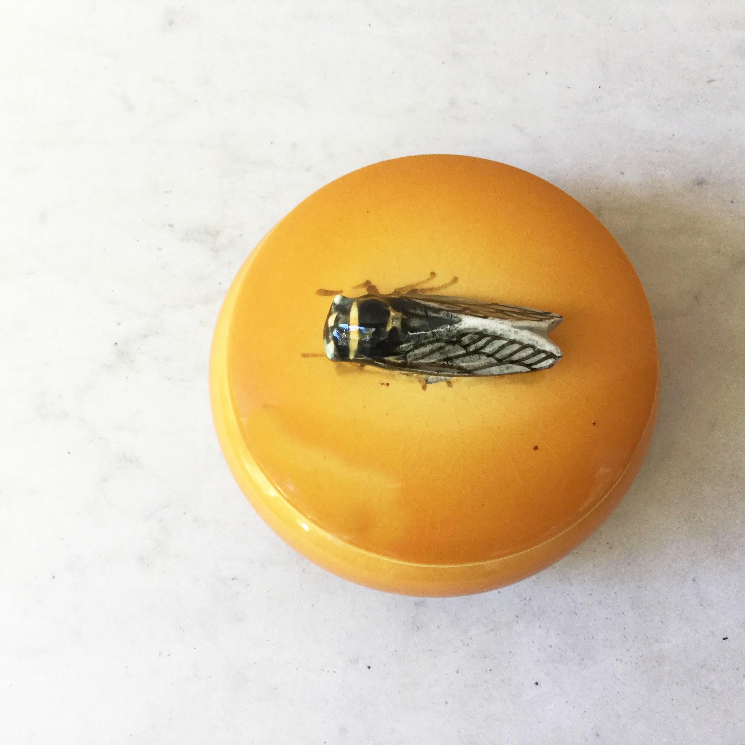 French Provincial 1950s Vintage Majolica Cicada Yellow Box Sicard