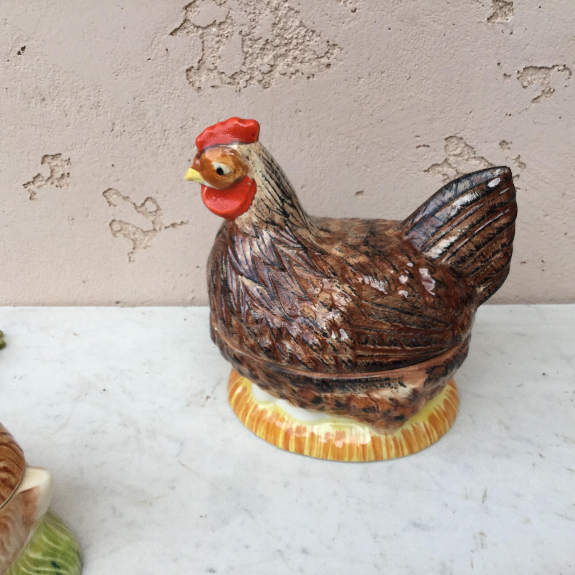 French majolica hen tureen, circa 1950. Marked: Caugant.