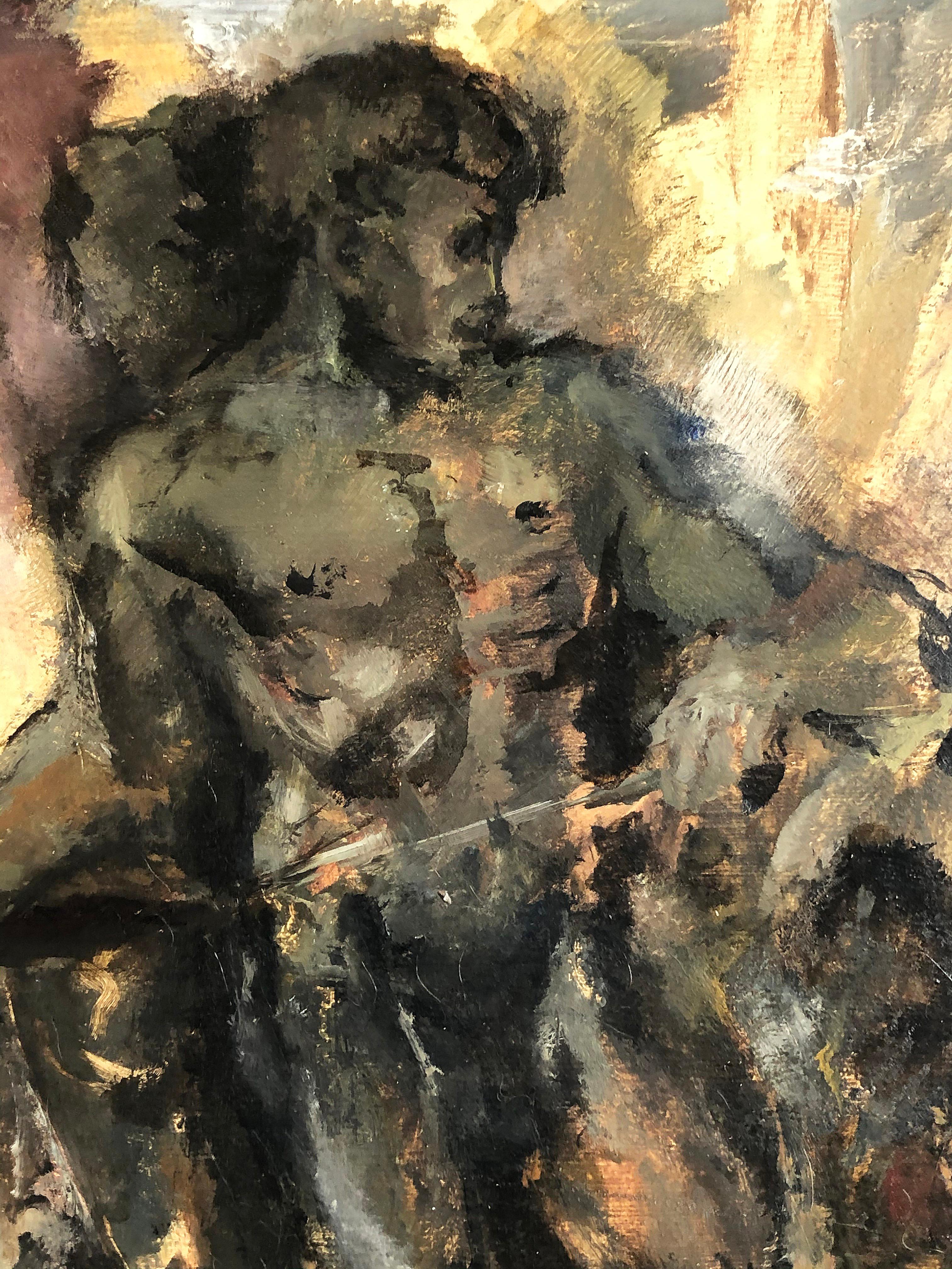 1950s vintage male nude study oil painting, signed

Offered is a 1950s male nude study oil painting on board. The work is quite dramatic and is presented in the original vintage frame. The use of colors is striking and the painting shows great