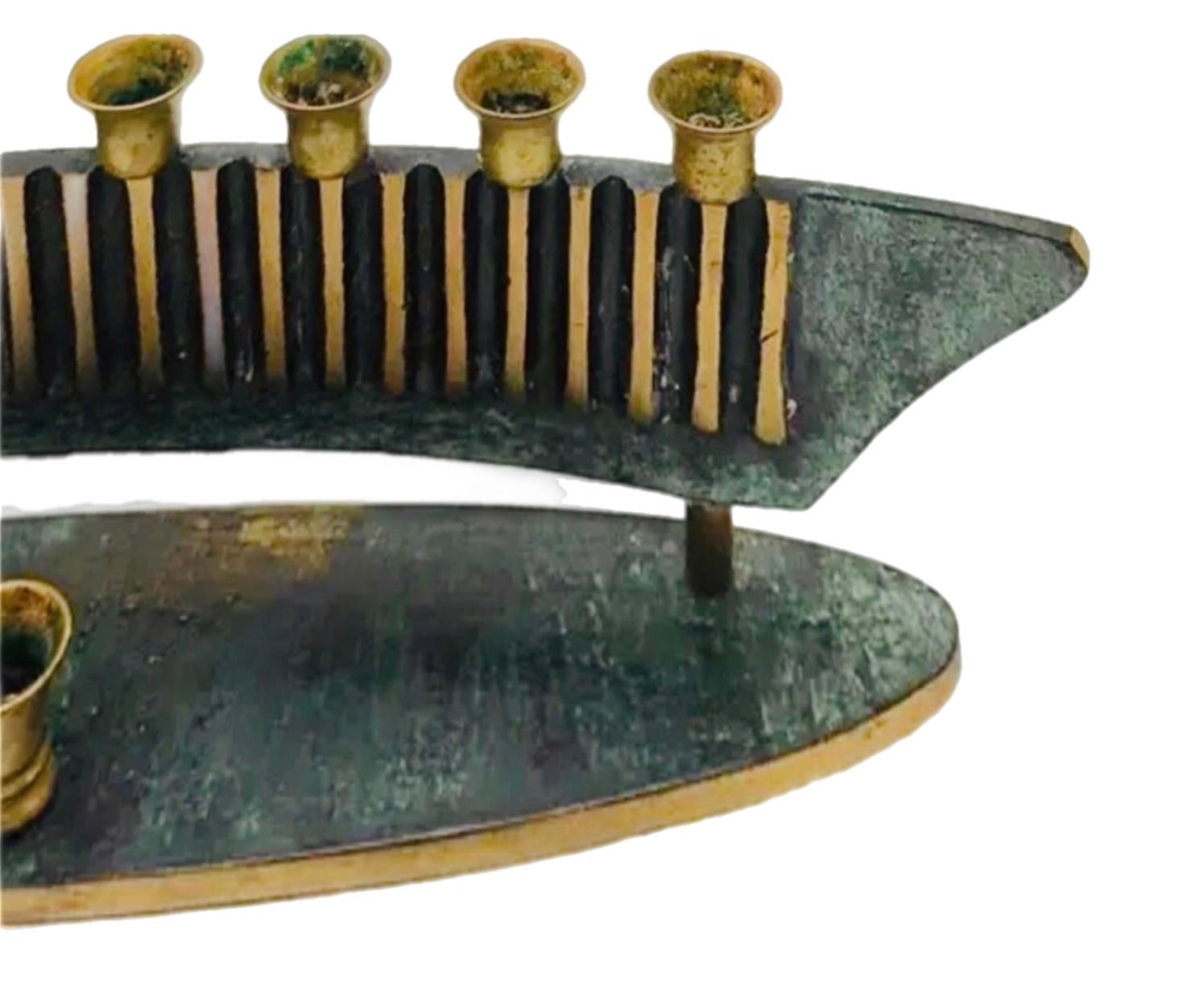 Art déco 1950s Vintage Mid Century Art Deco Verdigris Sculptural Modern Menorah Israel