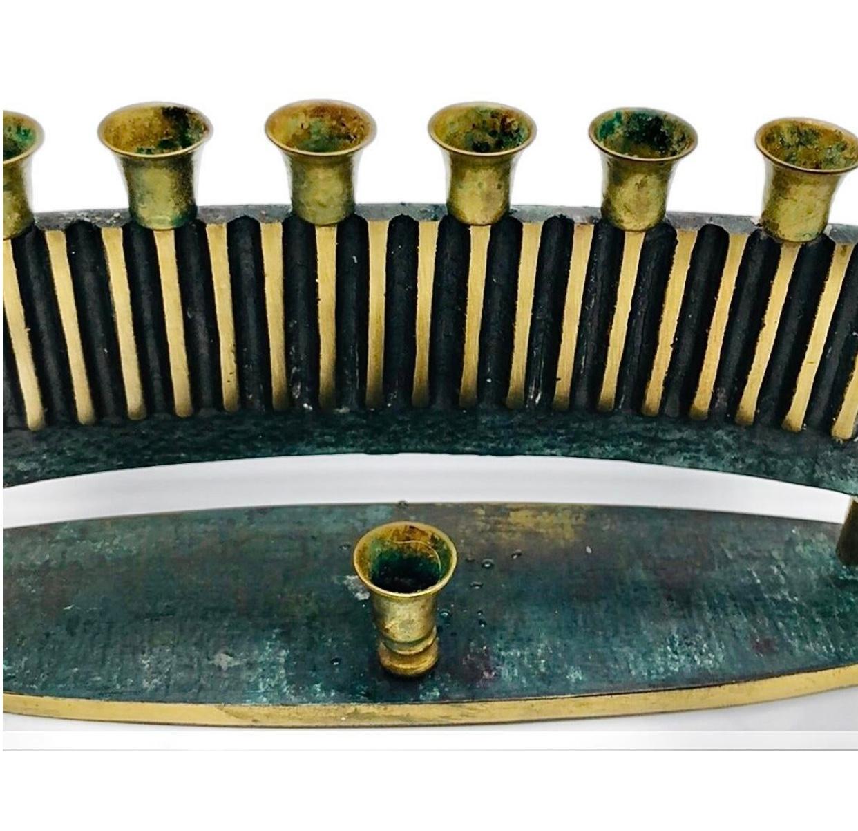 Laiton 1950s Vintage Mid Century Art Deco Verdigris Sculptural Modern Menorah Israel