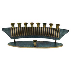 1950s Vintage Mid Century Art Deco Verdigris Sculptural Modern Menorah Israel
