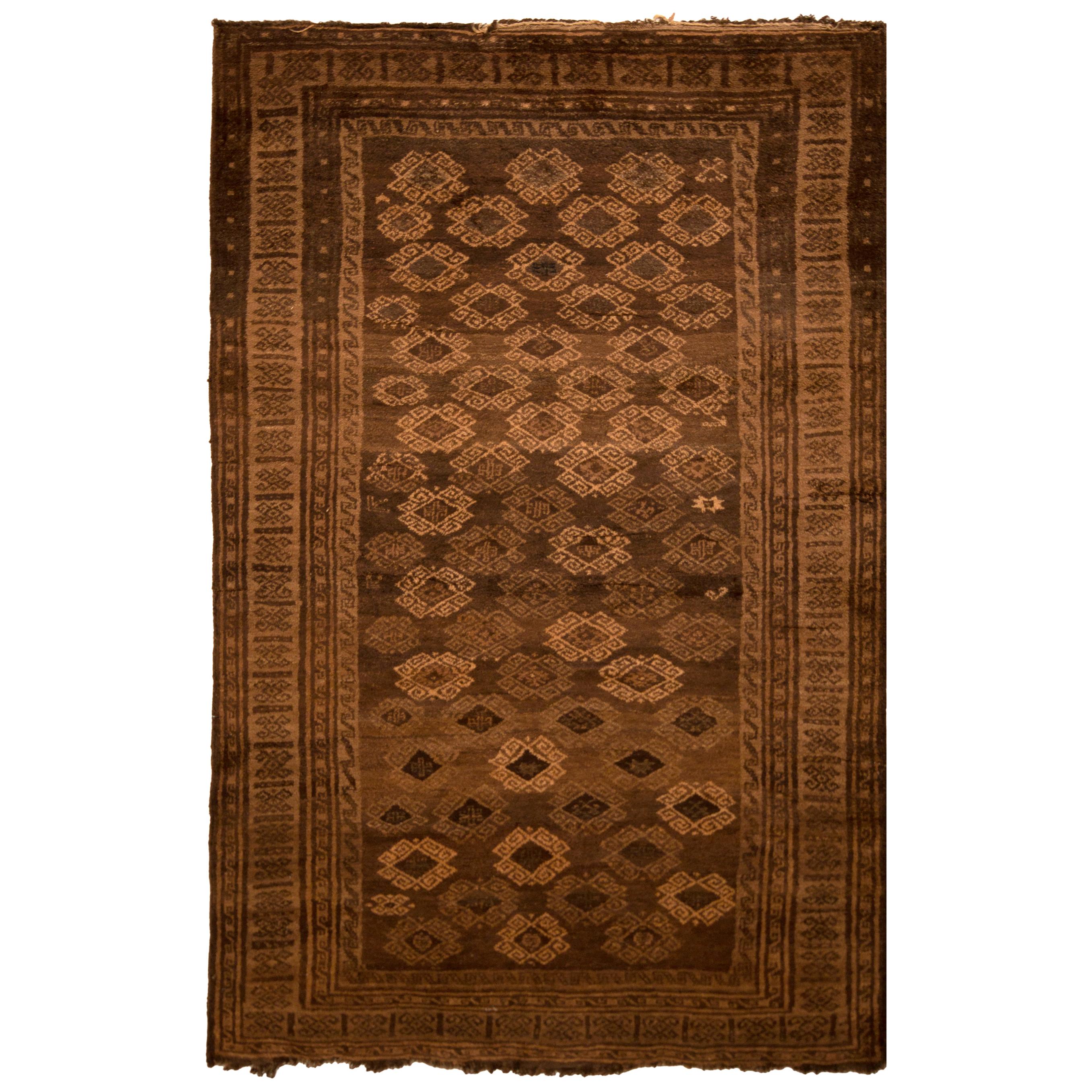 1950s Vintage Midcentury Baluch Rug Beige Brown Persian Tribal Rug