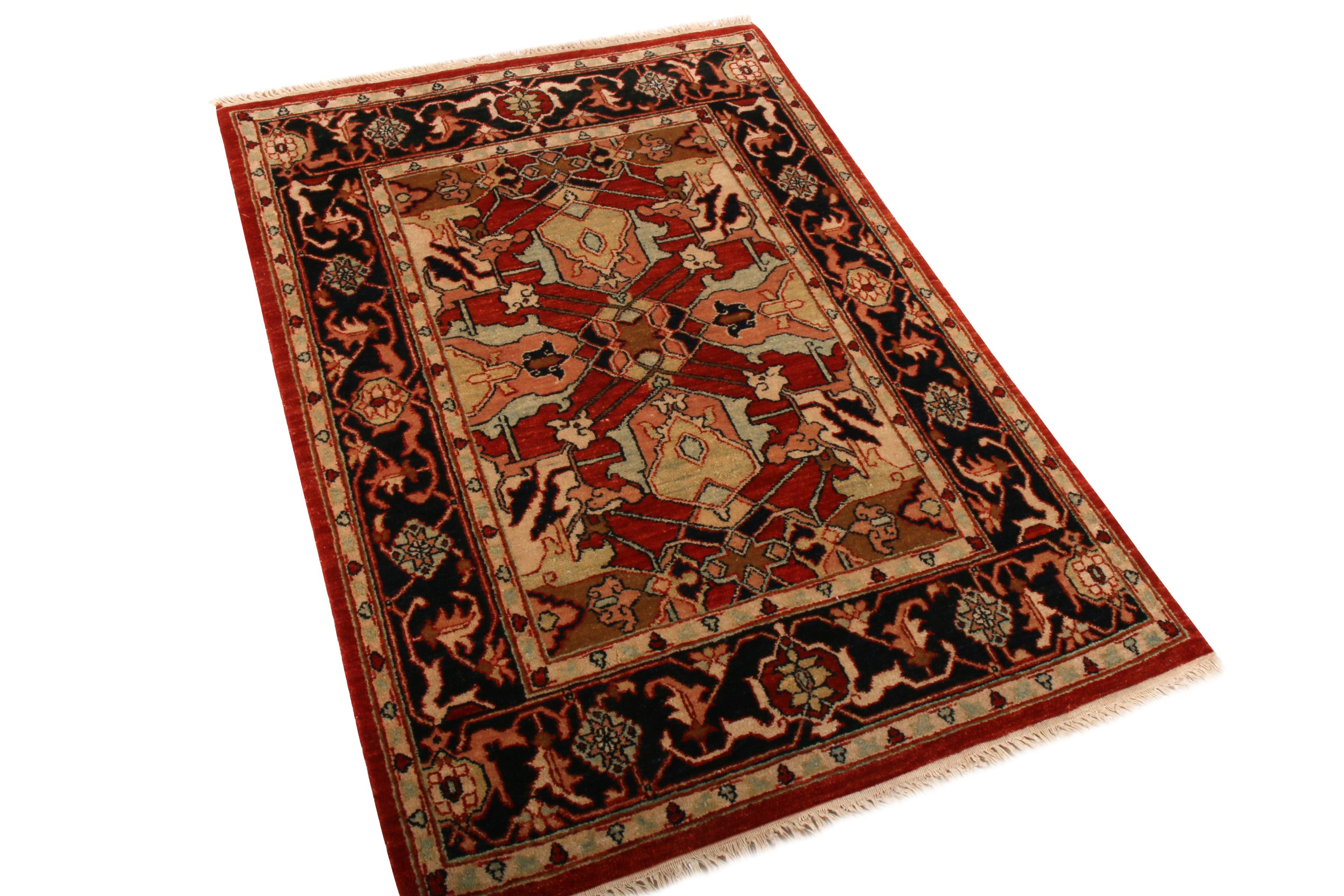 Hand knotted in wool originating from the few remaining collaborations between renowned creators George Yevremovich and Teddy Sumner, this item is a contemporary rug between 20-25 years old, hand made in the 1990s with subtle nods to classic Persian