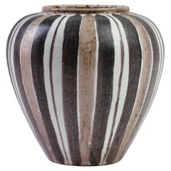 1950s Vintage Mid-Century Black, White & Taupe Striped Round Studio Pottery Vase