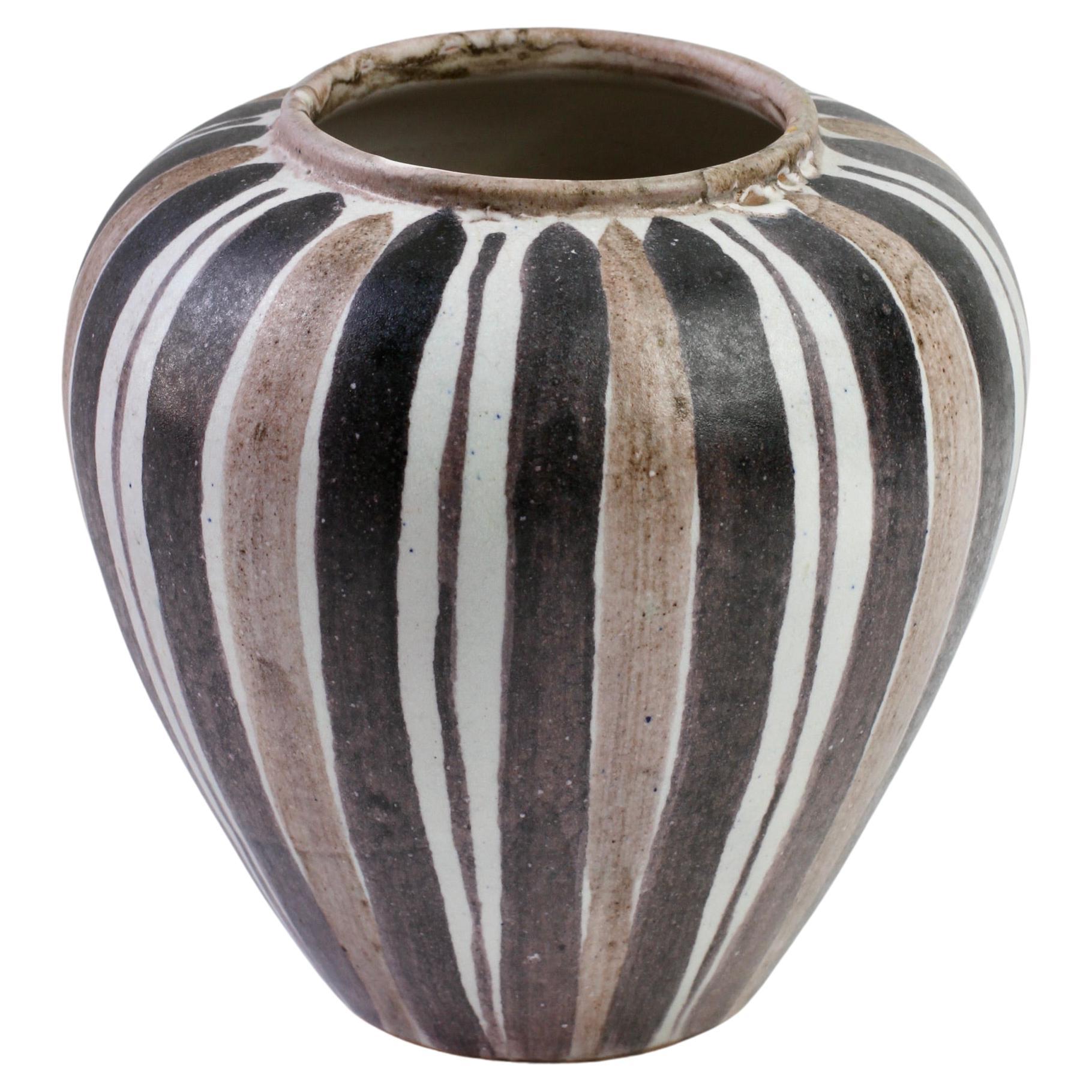 1950s Vintage Mid-Century Black, White & Taupe Striped Round Studio Pottery Vase