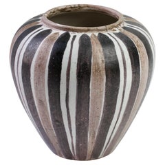 1950s Vintage Mid-Century Black, White & Taupe Striped Round Pottery Vase