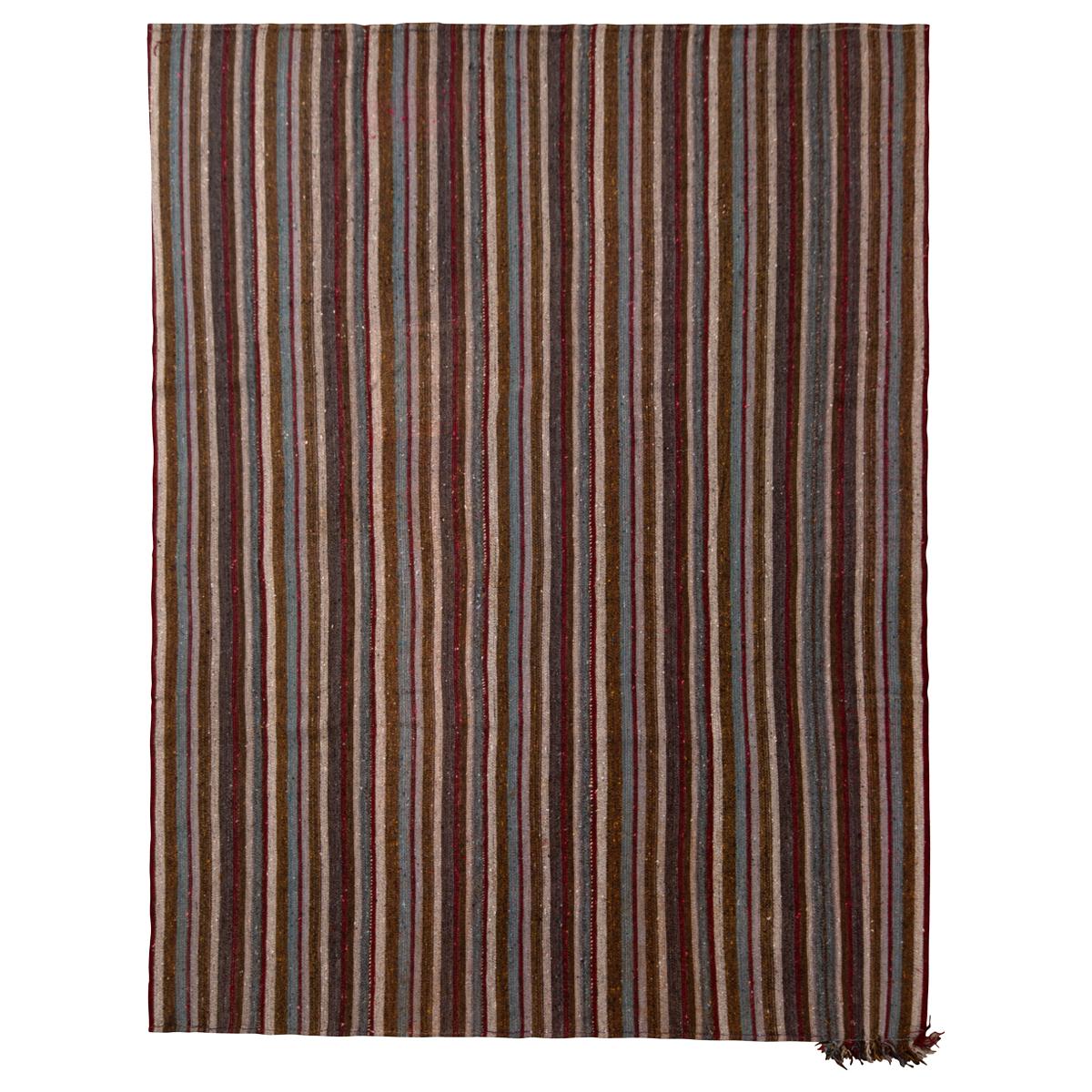 1950s Vintage Midcentury Kilim Beige-Brown & Red Striped Pattern by Rug & Kilim For Sale