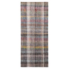 1950s Vintage Midcentury Kilim Rug Gray Multi-Color Striped Runner