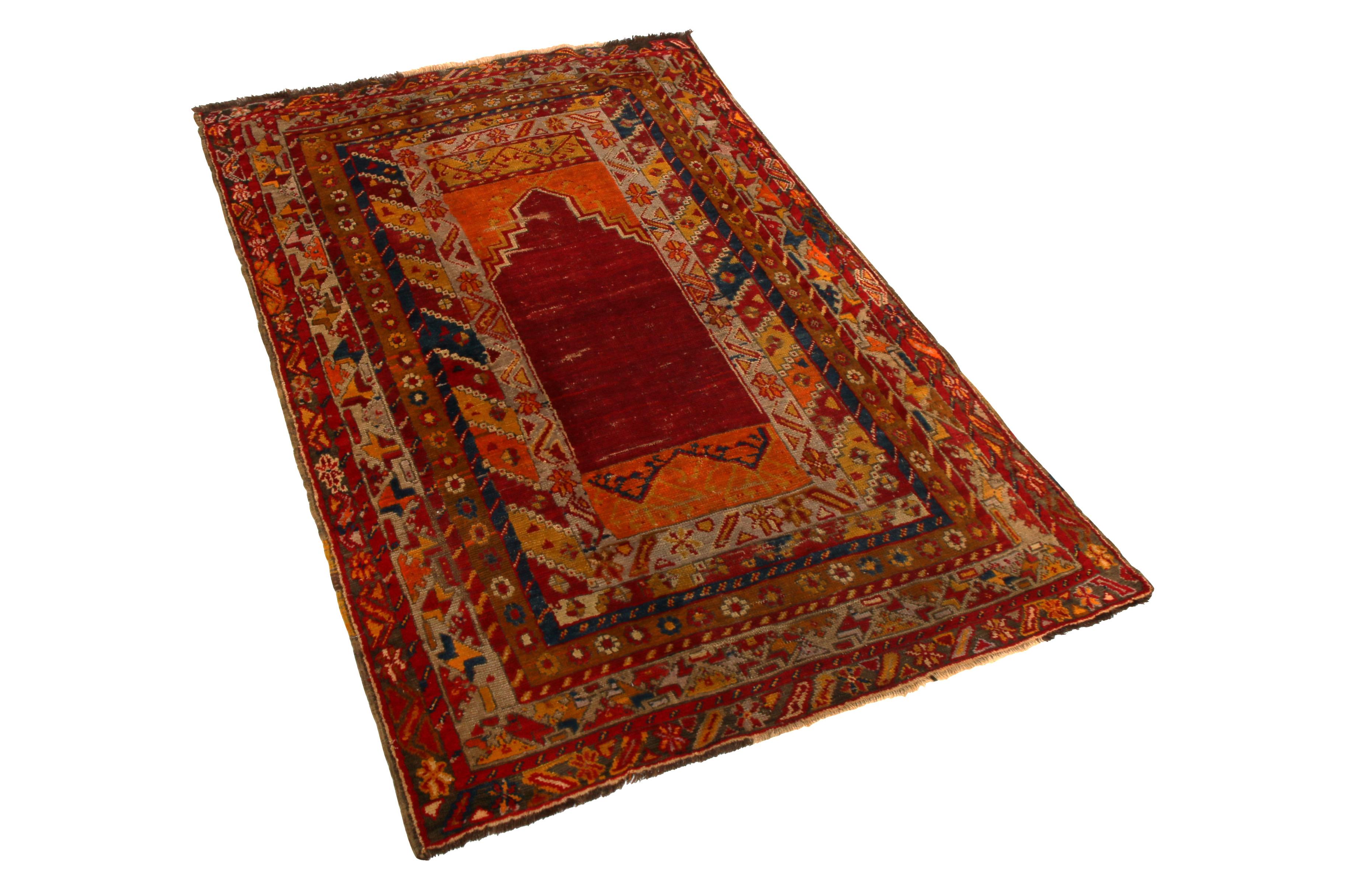 Hand knotted in wool originating from Persia between 1950-1960, this vintage midcentury Kirsehir rug enjoys one of the more distinct approaches to the venerated Mihrab pattern we’ve seen in our antique and vintage collections, both in the unique