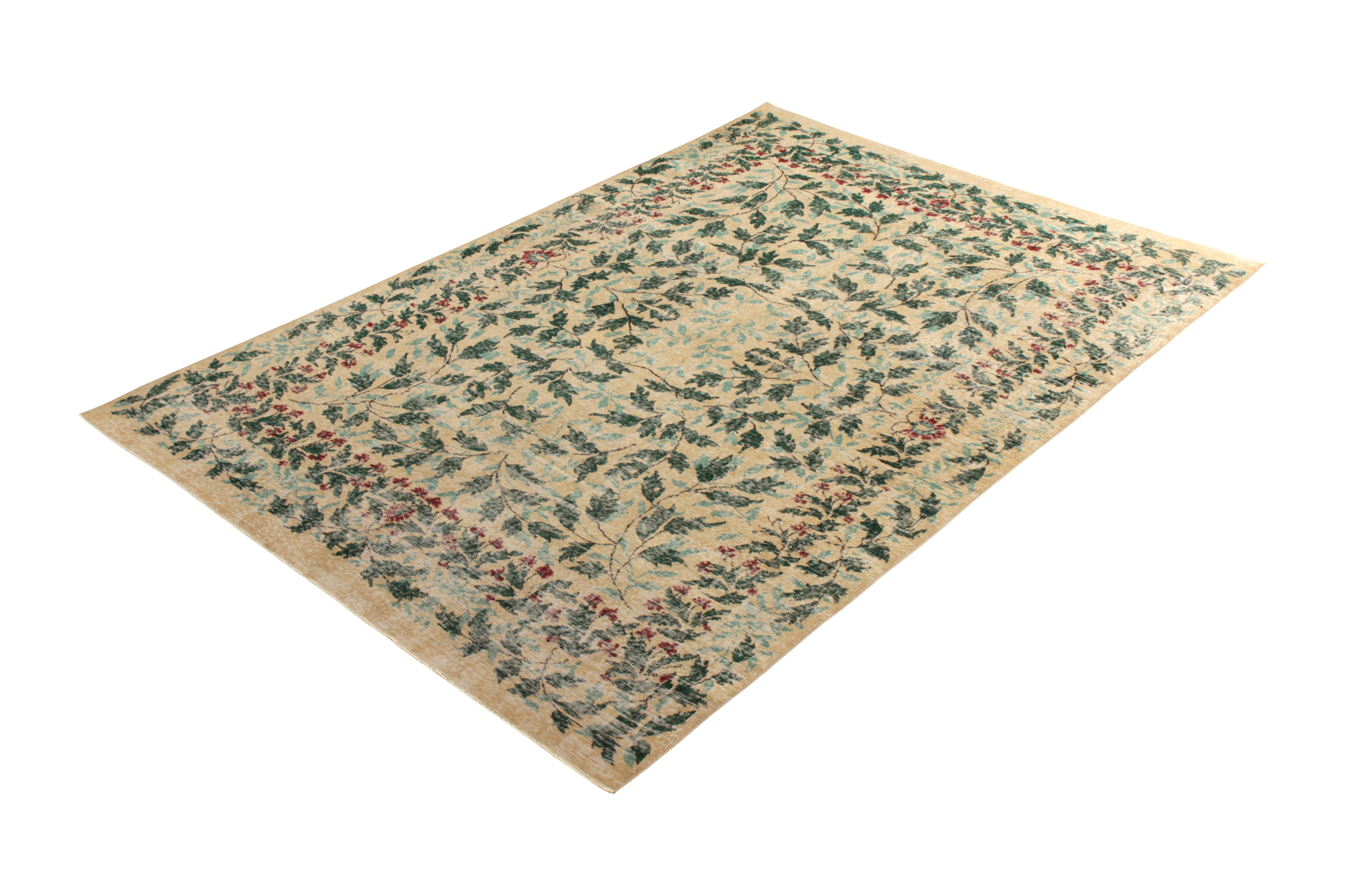 Hand knotted in wool originating from Turkey, circa 1950-1960, this vintage Mid-Century Modern rug is believed to represent the work of Turkish multidisciplinary icon Zeki Müren, celebrated in our Midcentury Pasha collection for a variety of unique