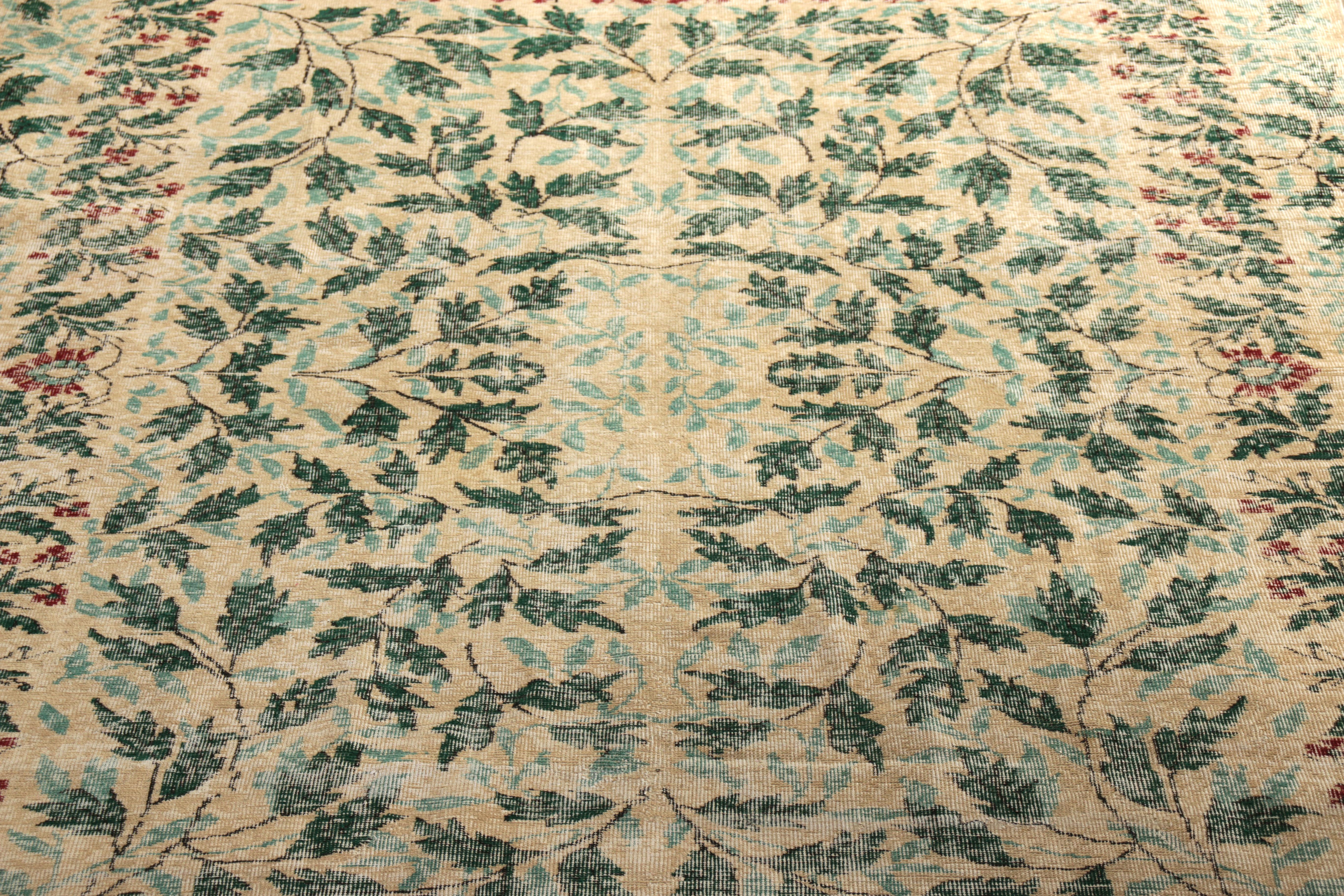 Turkish 1950s Vintage Mid-Century Modern Rug Green Beige French Country All-Over Floral