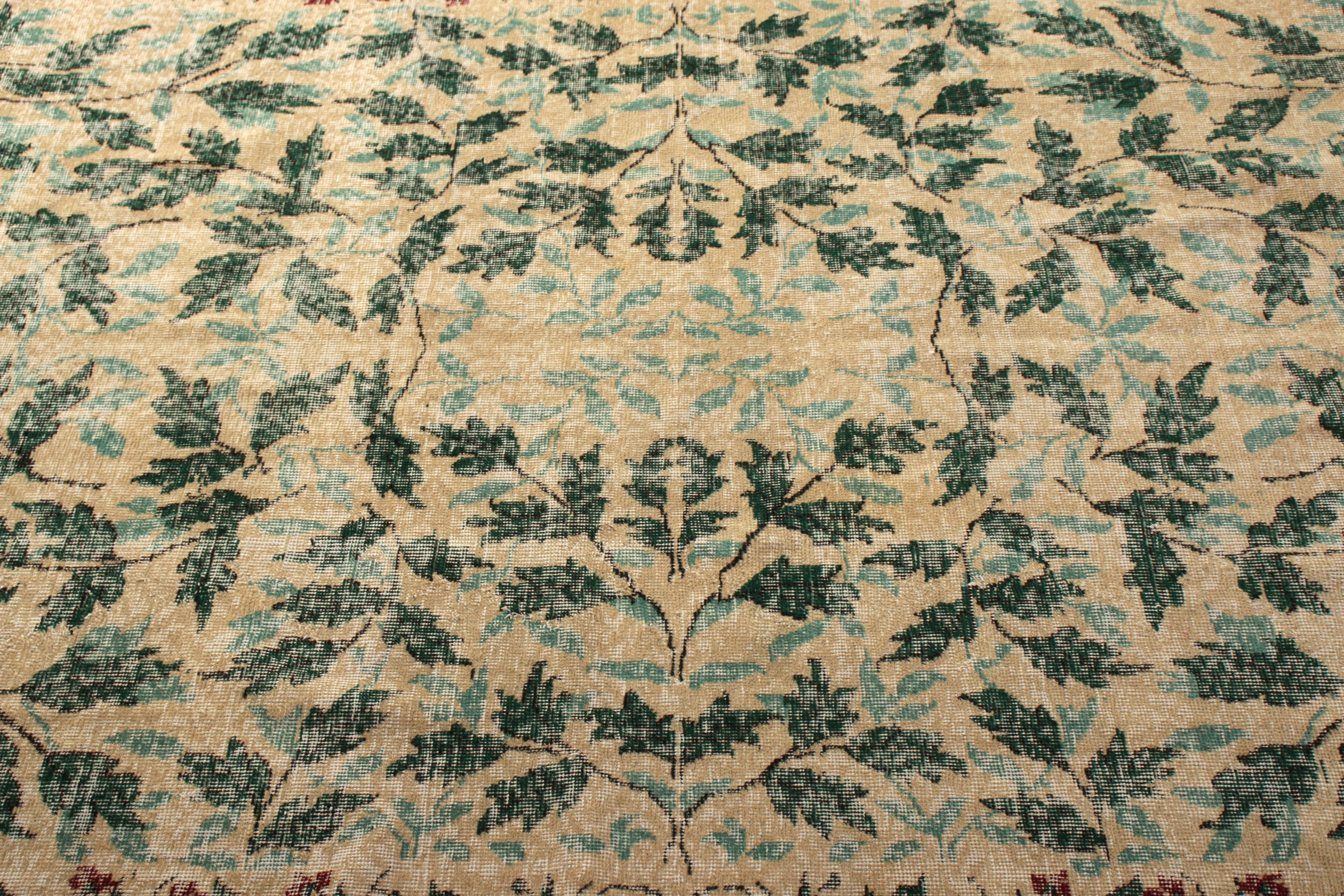 Hand-Knotted 1950s Vintage Mid-Century Modern Rug Green Beige French Country All-Over Floral