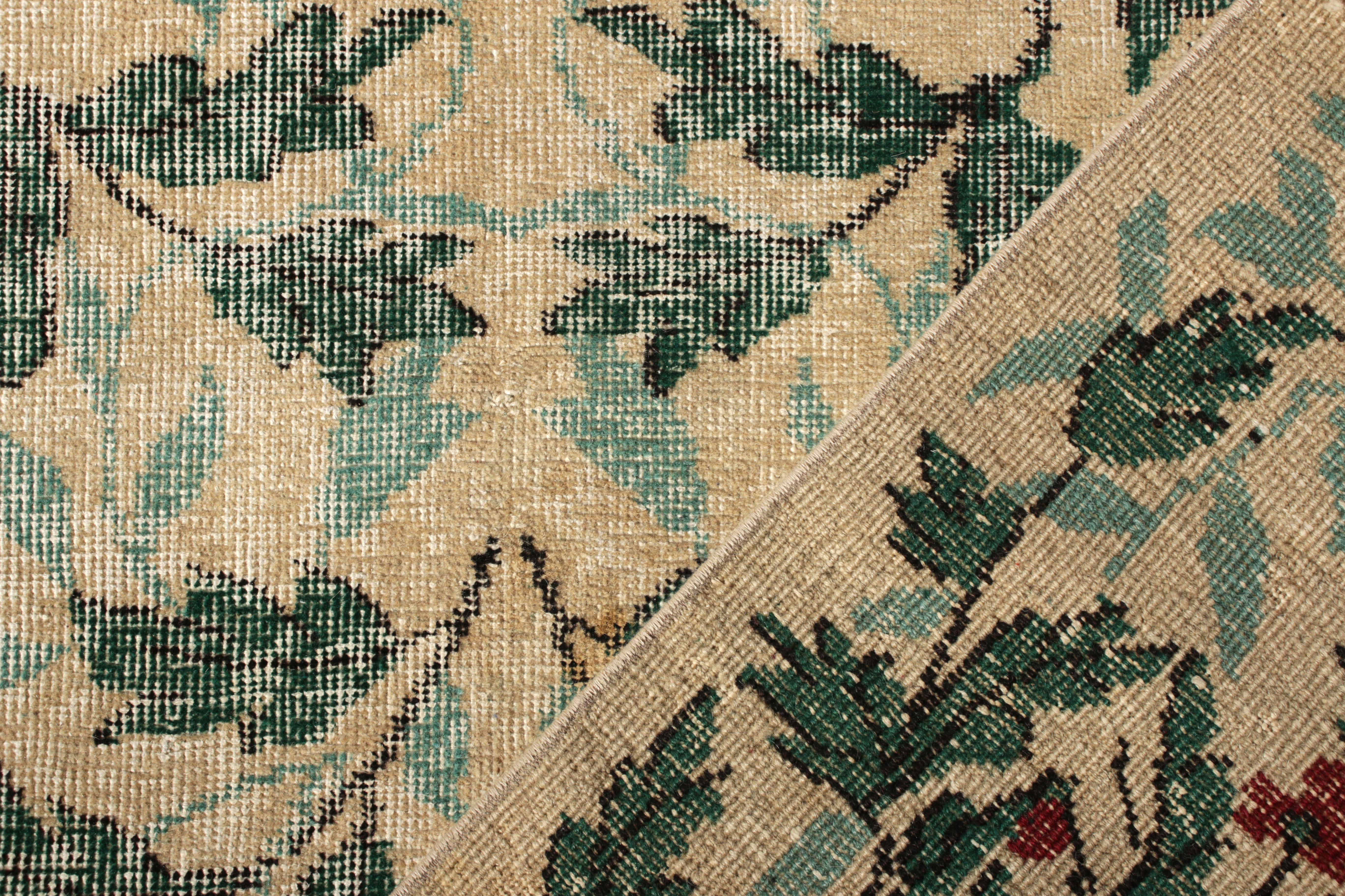 1950s Vintage Mid-Century Modern Rug Green Beige French Country All-Over Floral In Good Condition In Long Island City, NY