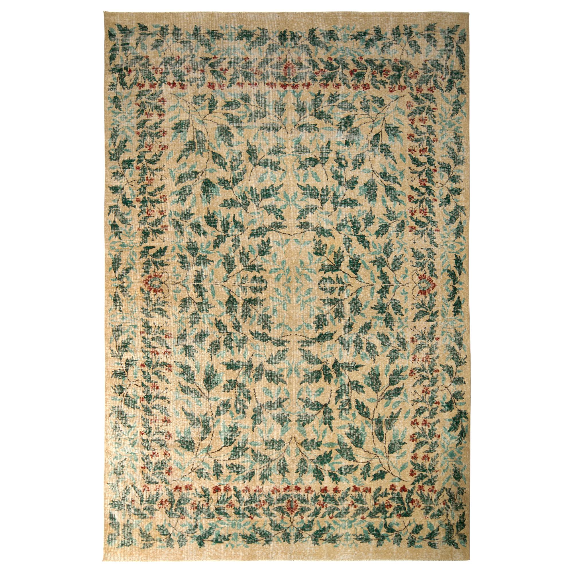 1950s Vintage Mid-Century Modern Rug Green Beige French Country All-Over Floral