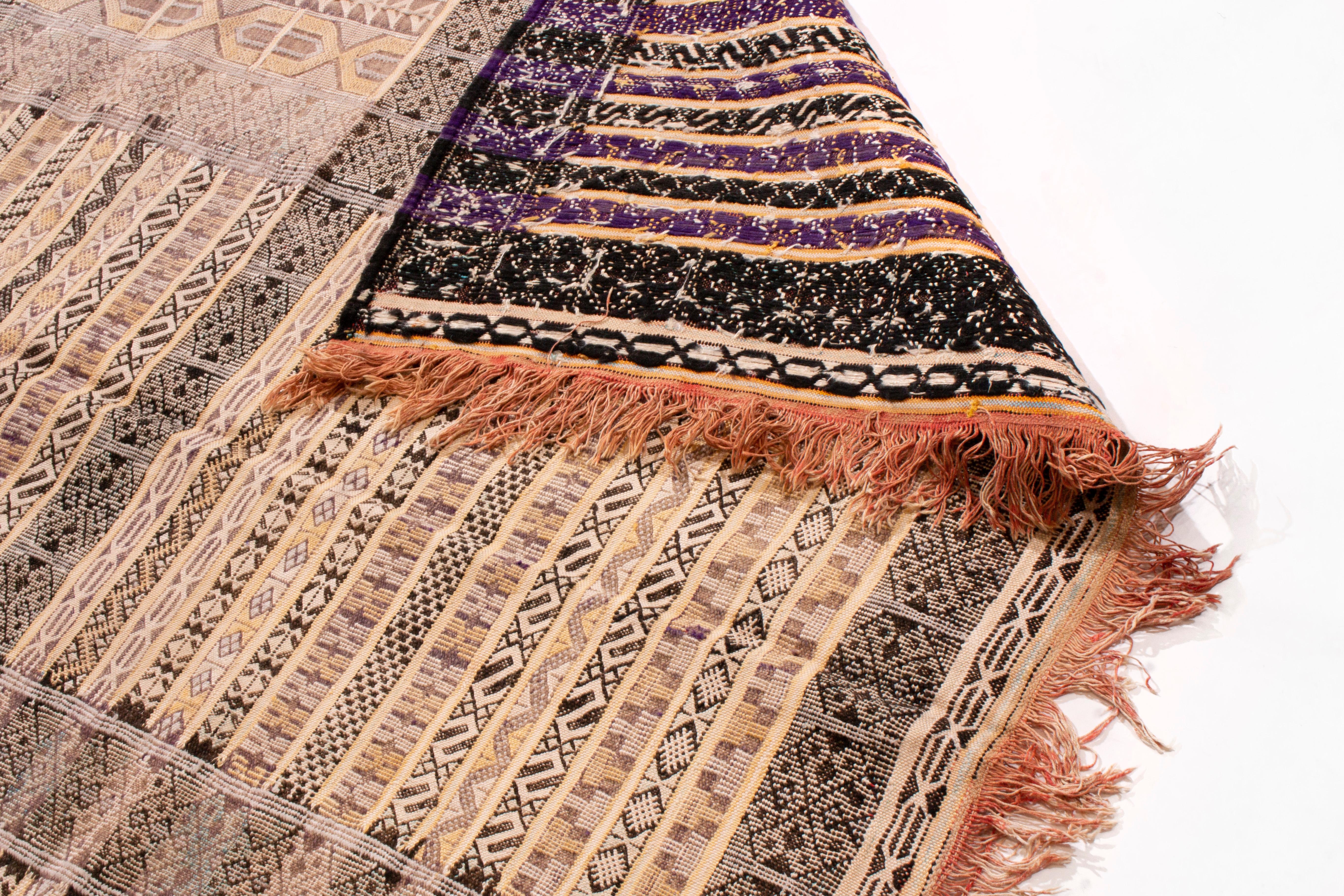 1950s Vintage Midcentury Moroccan Kilim Beige-Brown Purple Reversible Flat-Weave In Good Condition In Long Island City, NY