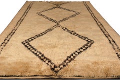 1950s Vintage Midcentury Moroccan Rug Beige Cream and Black Geometric Shag Pile