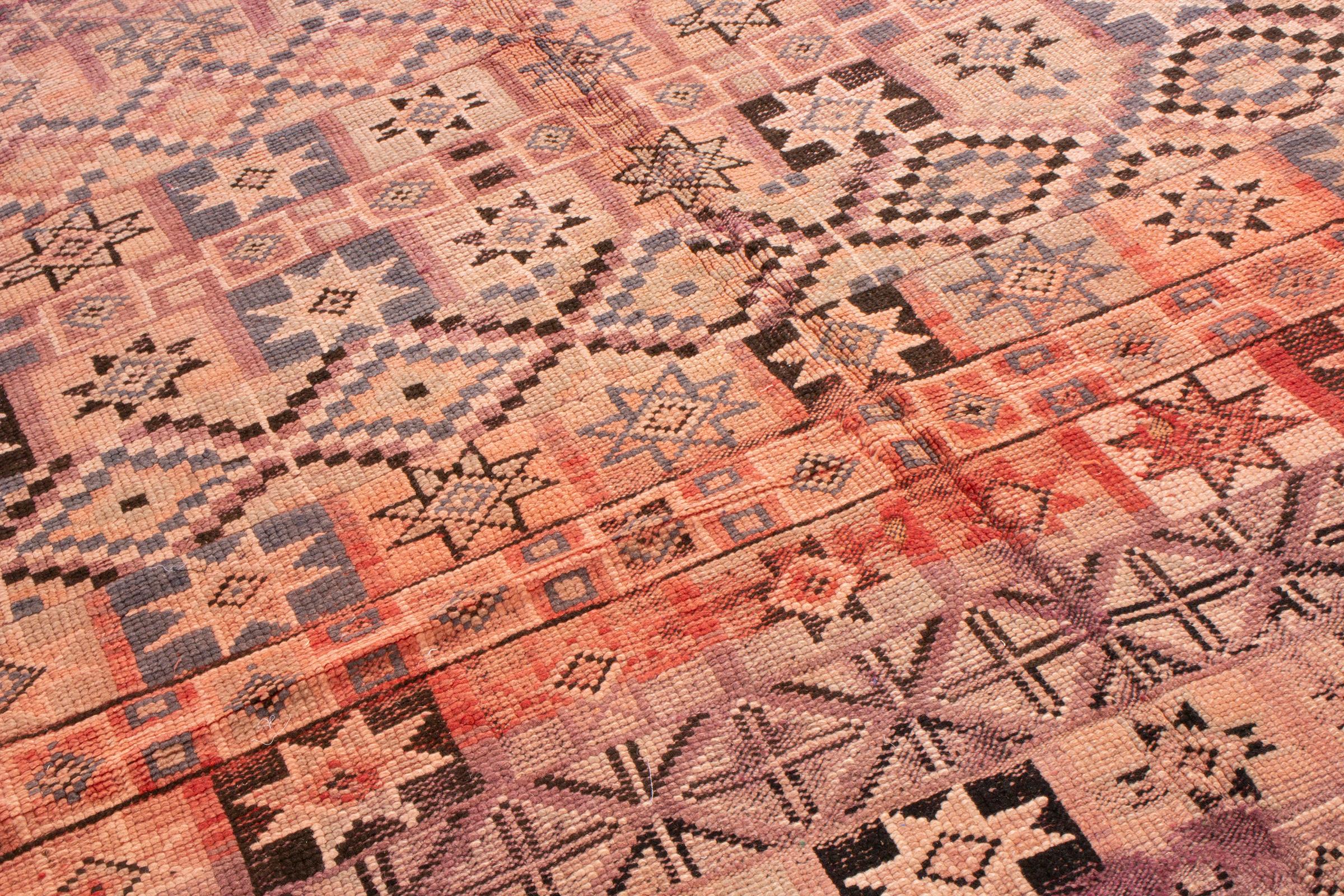 Hand-Knotted 1950s Vintage Midcentury Moroccan Rug Beige Pink Tribal Geometric Pattern