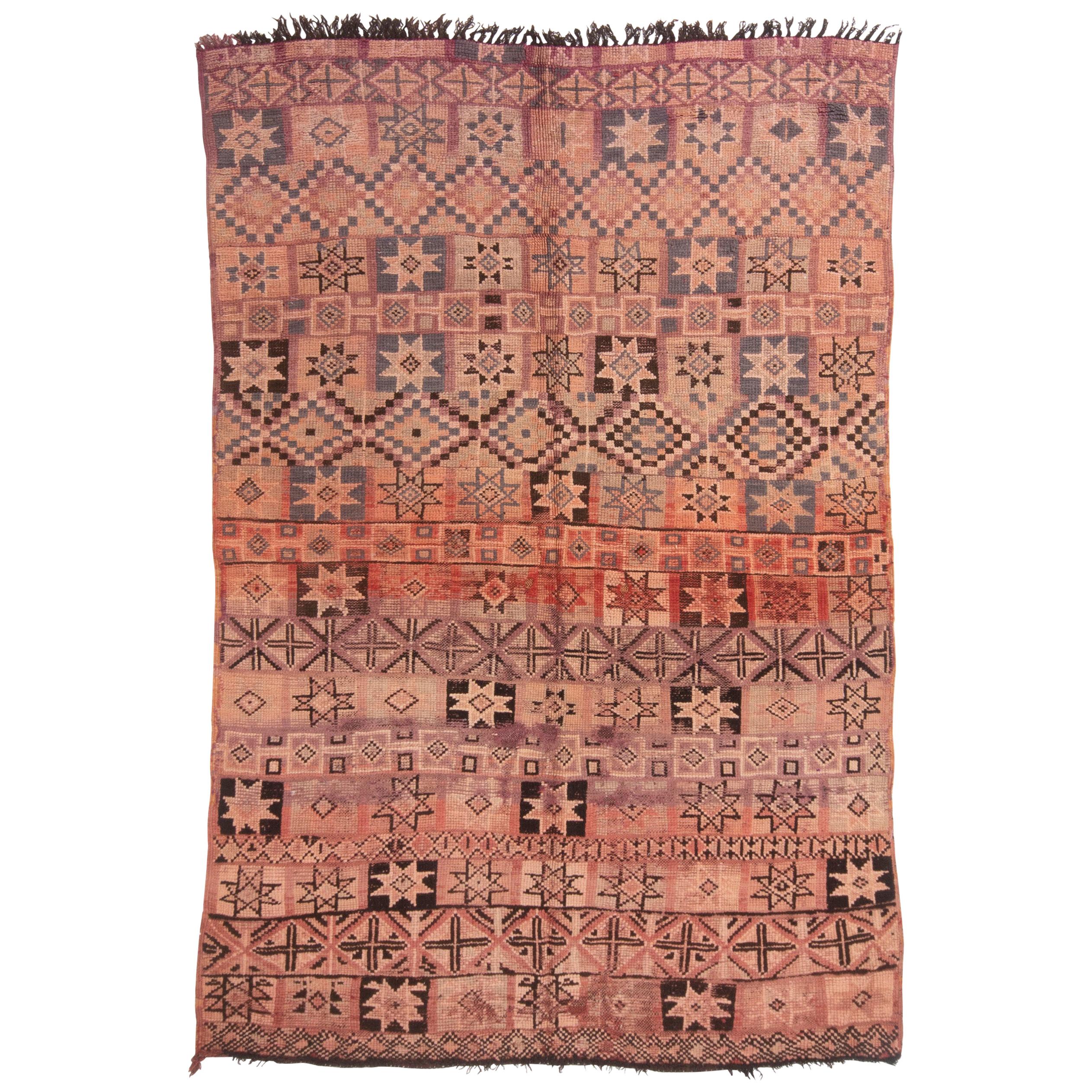1950s Vintage Midcentury Moroccan Rug Beige Pink Tribal Geometric Pattern