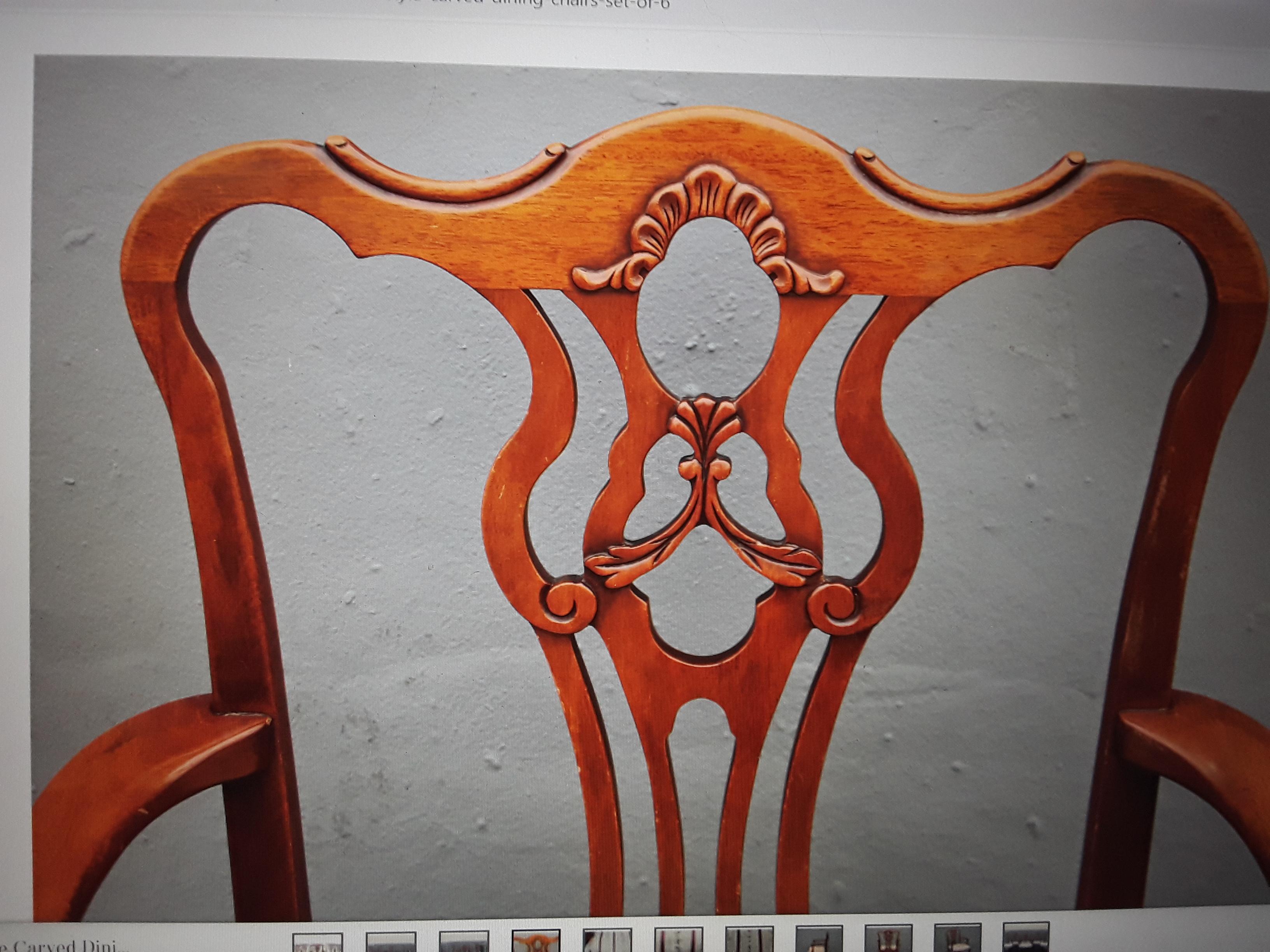1950's Vintage Mid Century Traditional style Carved Dining Chairs Set of 6 en vente 2