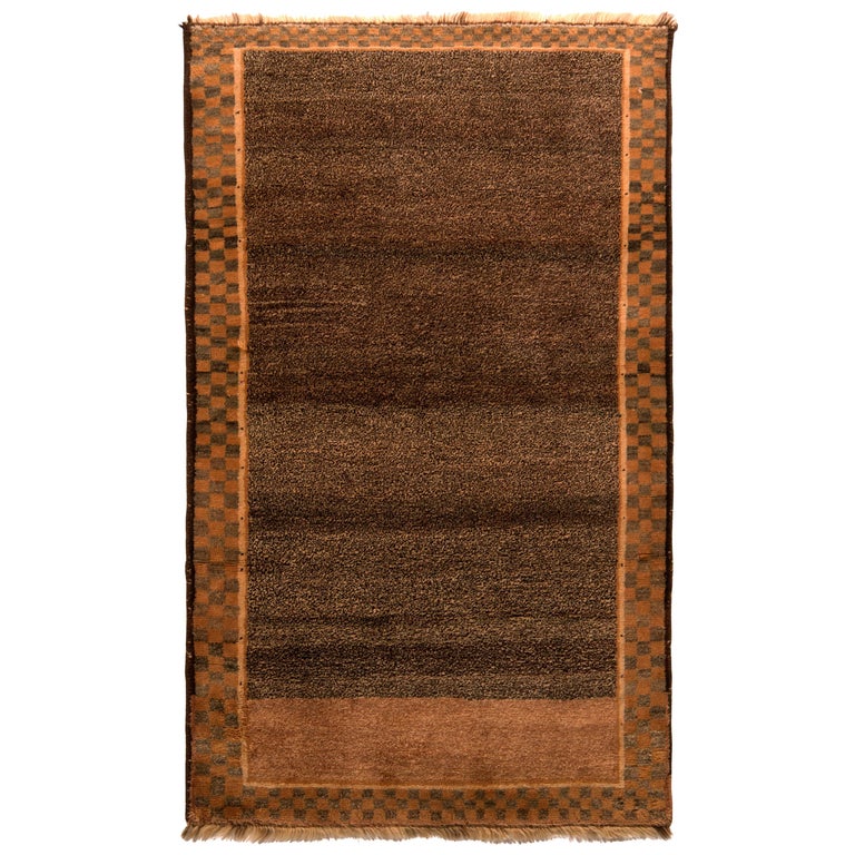 1950s Vintage Midcentury Persian Rug Beige Brown Open Field Gabbeh