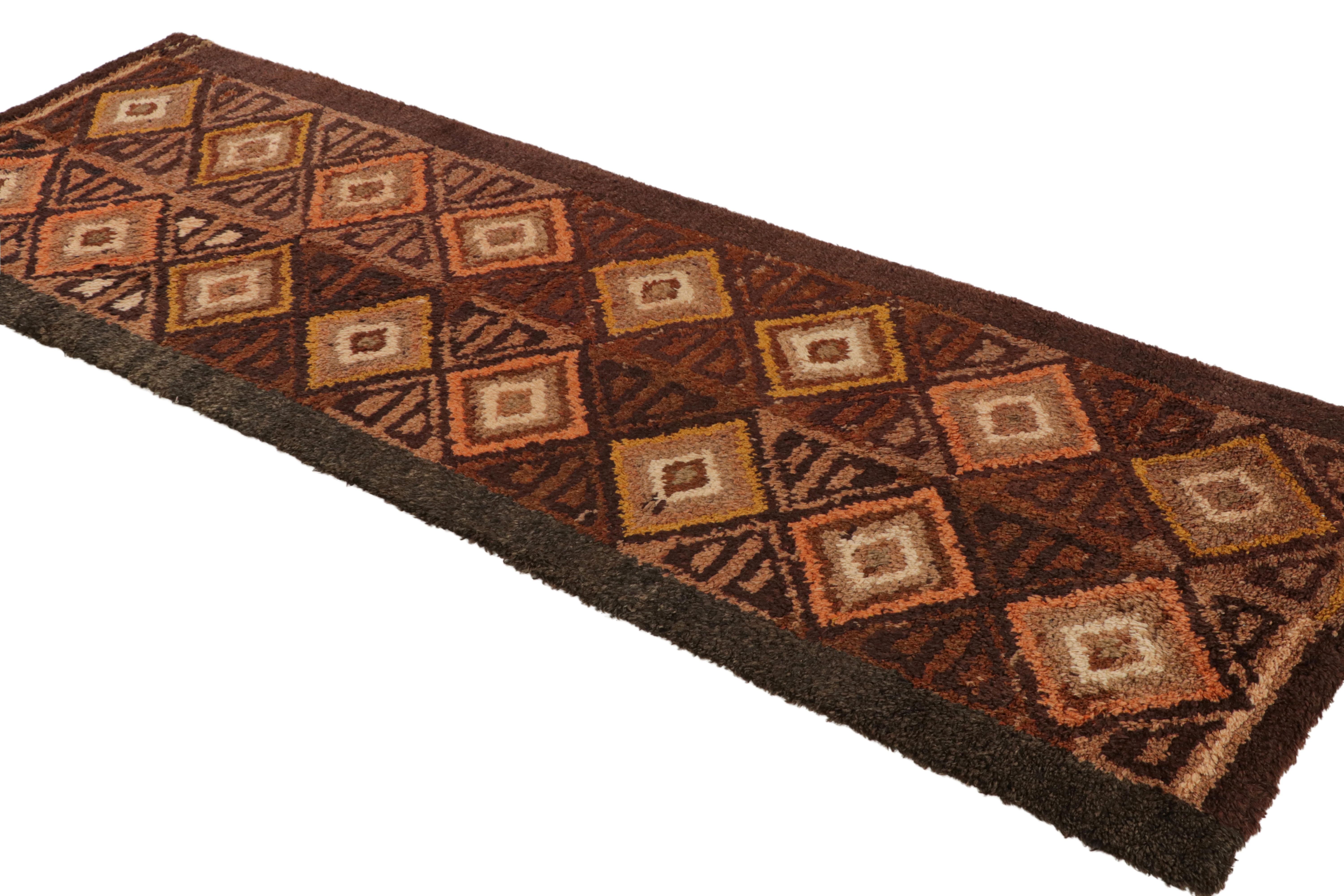 Iraqi 1950s Vintage Midcentury Rug Orange Brown Diamond Pattern Runner by Rug & Kilim For Sale